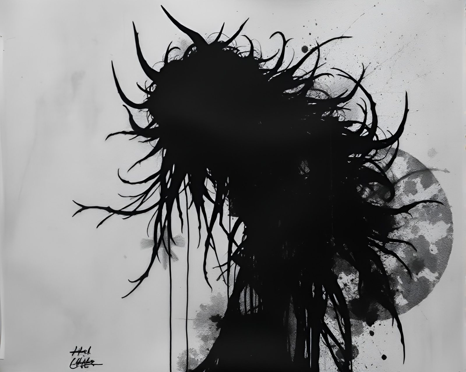 Dark silhouette of banshee in glitchy charcoal black