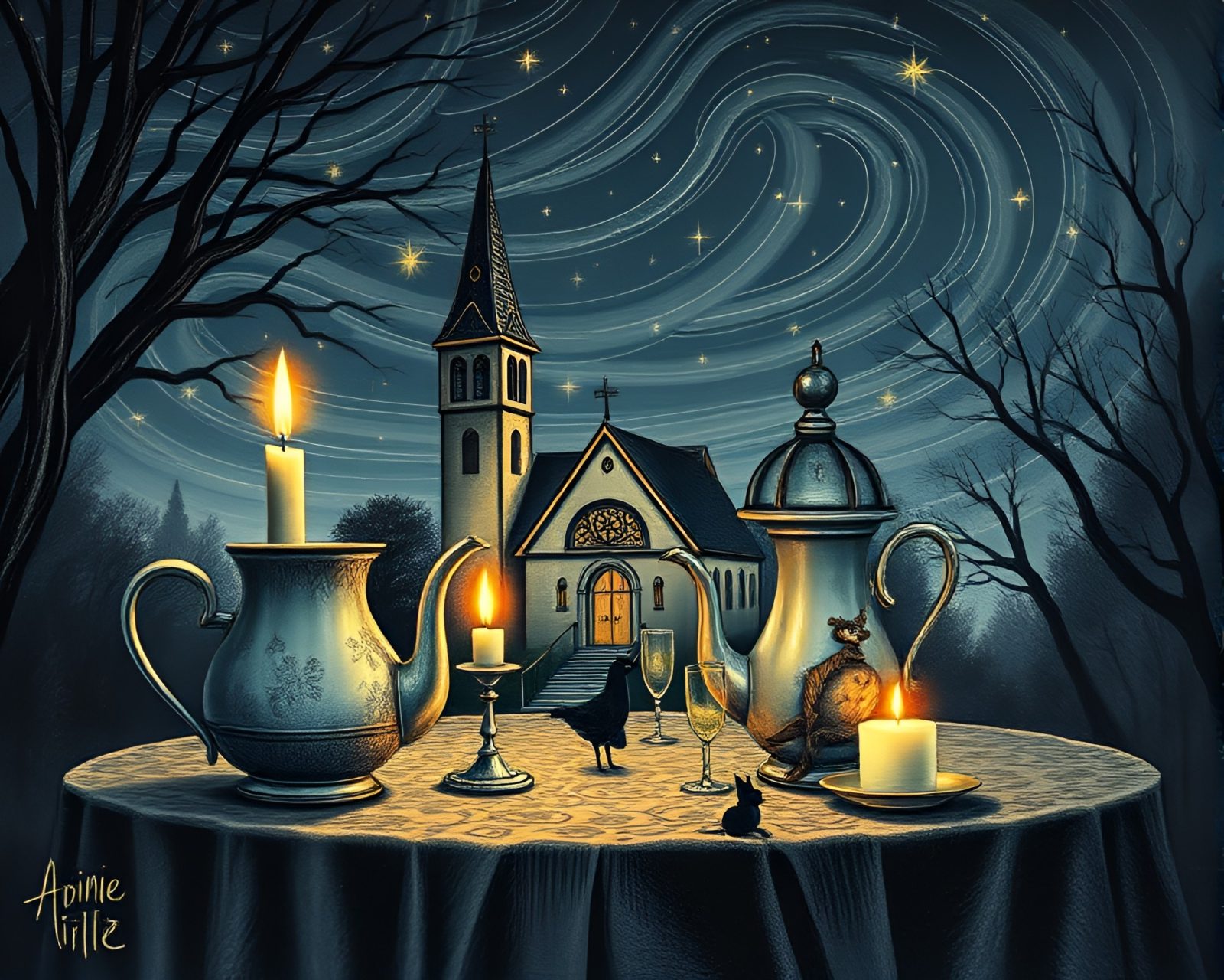 A mesmerizing etched image of Alice in Wonderland tea party under starry sky