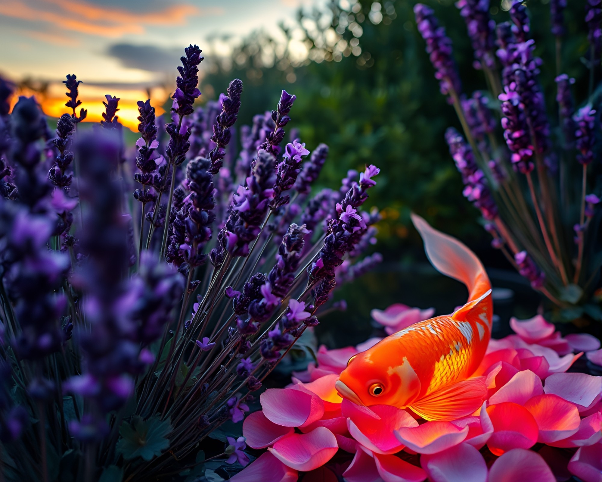 Koi Fish Swimming Among Lavender Flower Petals – free AI stock image