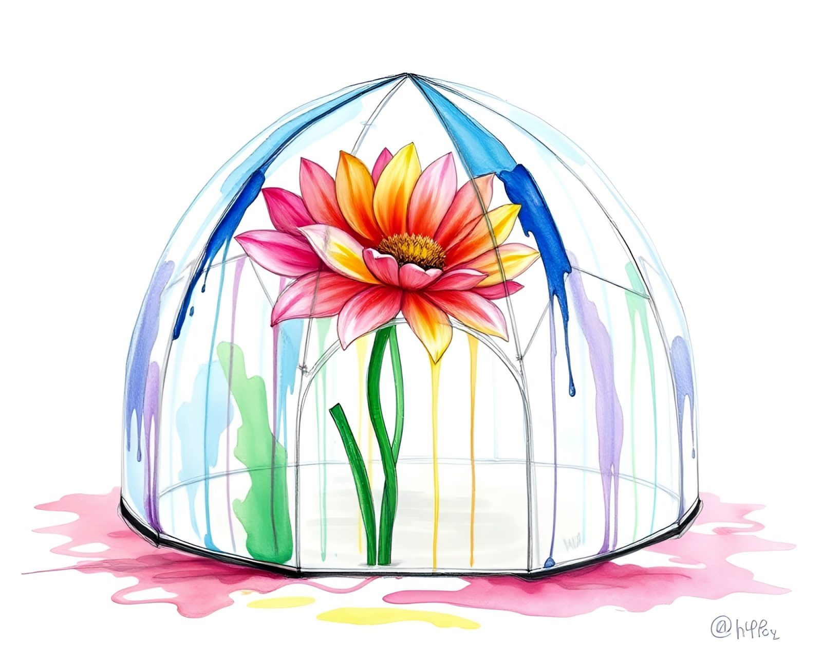 Conté crayon drawing of glass igloo with paint drips