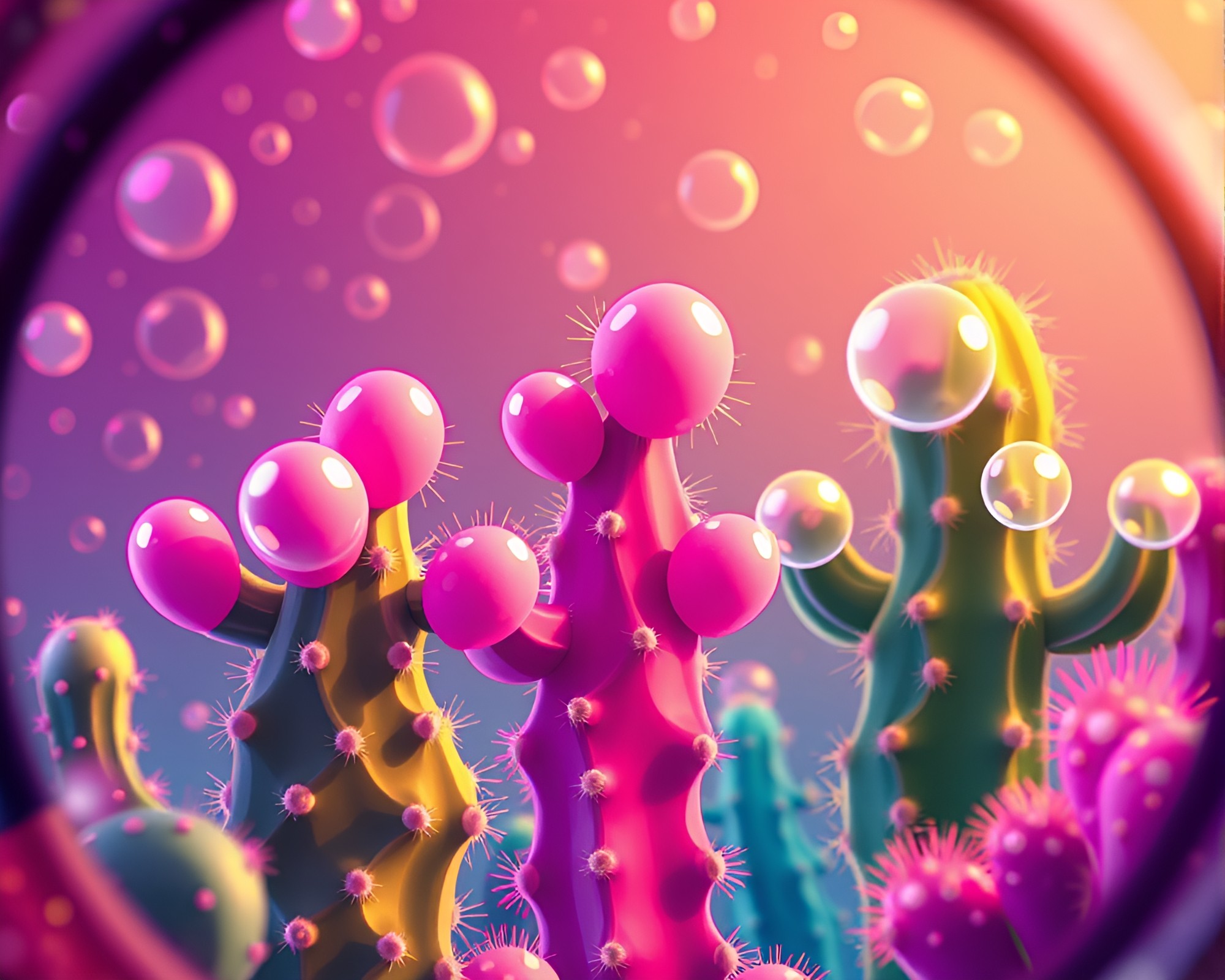 Neon Cactus Bubble Cluster Cartoon Scene – free AI stock image
