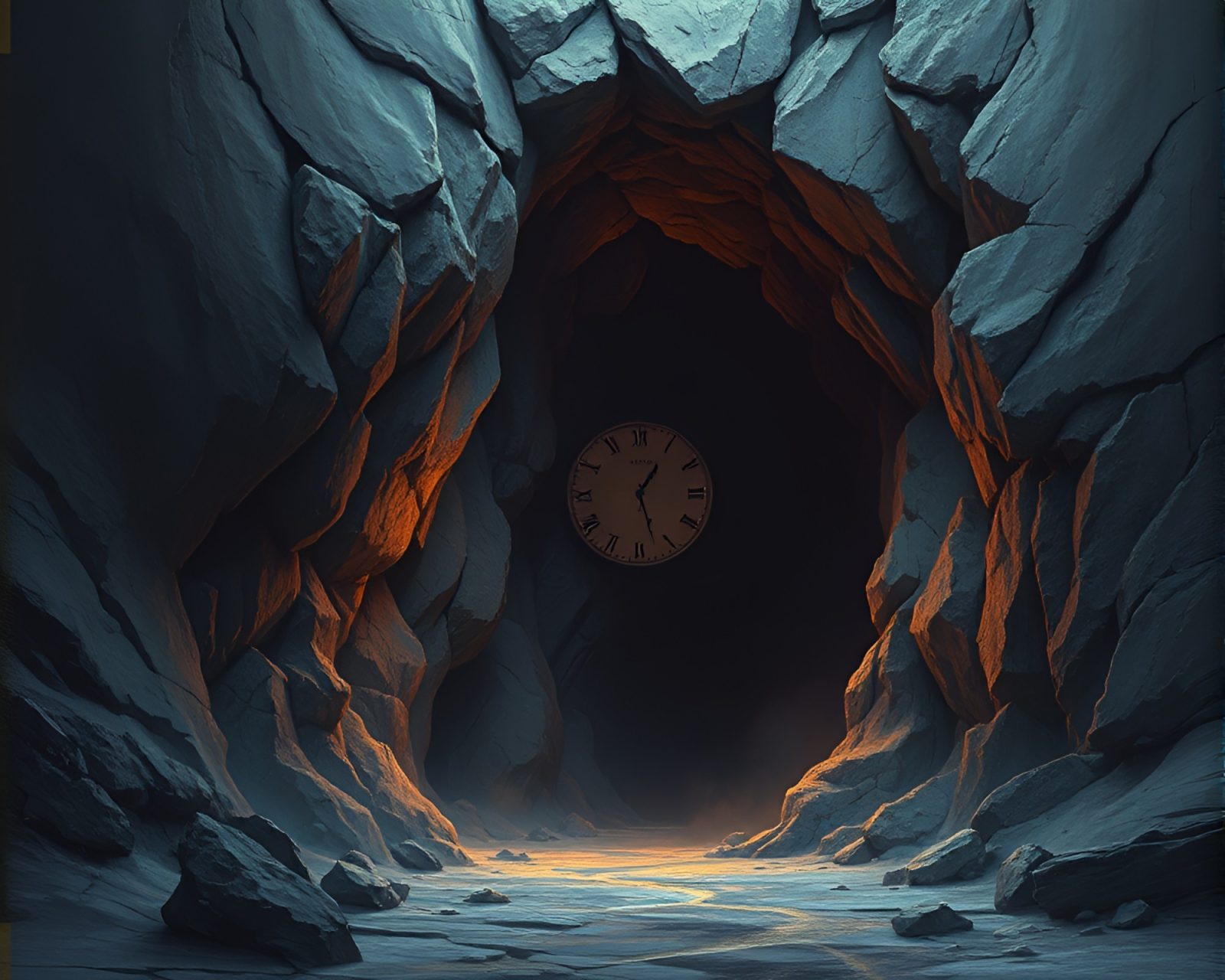 Dark cave with a glowing chrono clock in the distance
