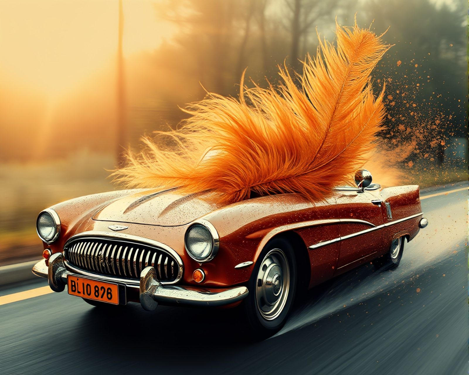 Artistic depiction of feather dusting hover car in copper tones