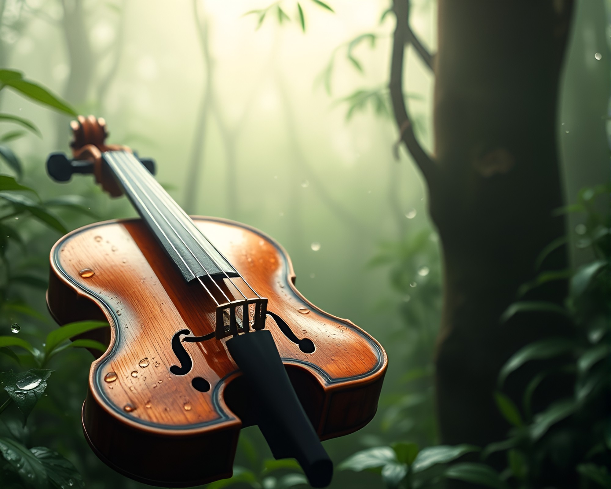 Dew-Kissed Wooden Violin in Enchanted Rainforest – free AI stock image