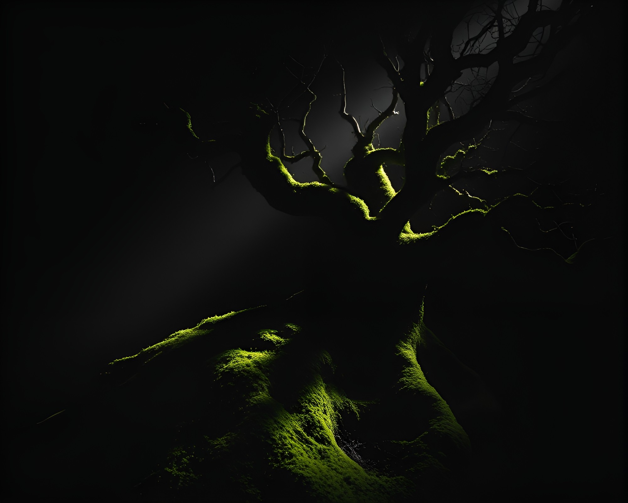 Ancient Tree Enveloped in Moss in Noir Spotlight – free AI stock image