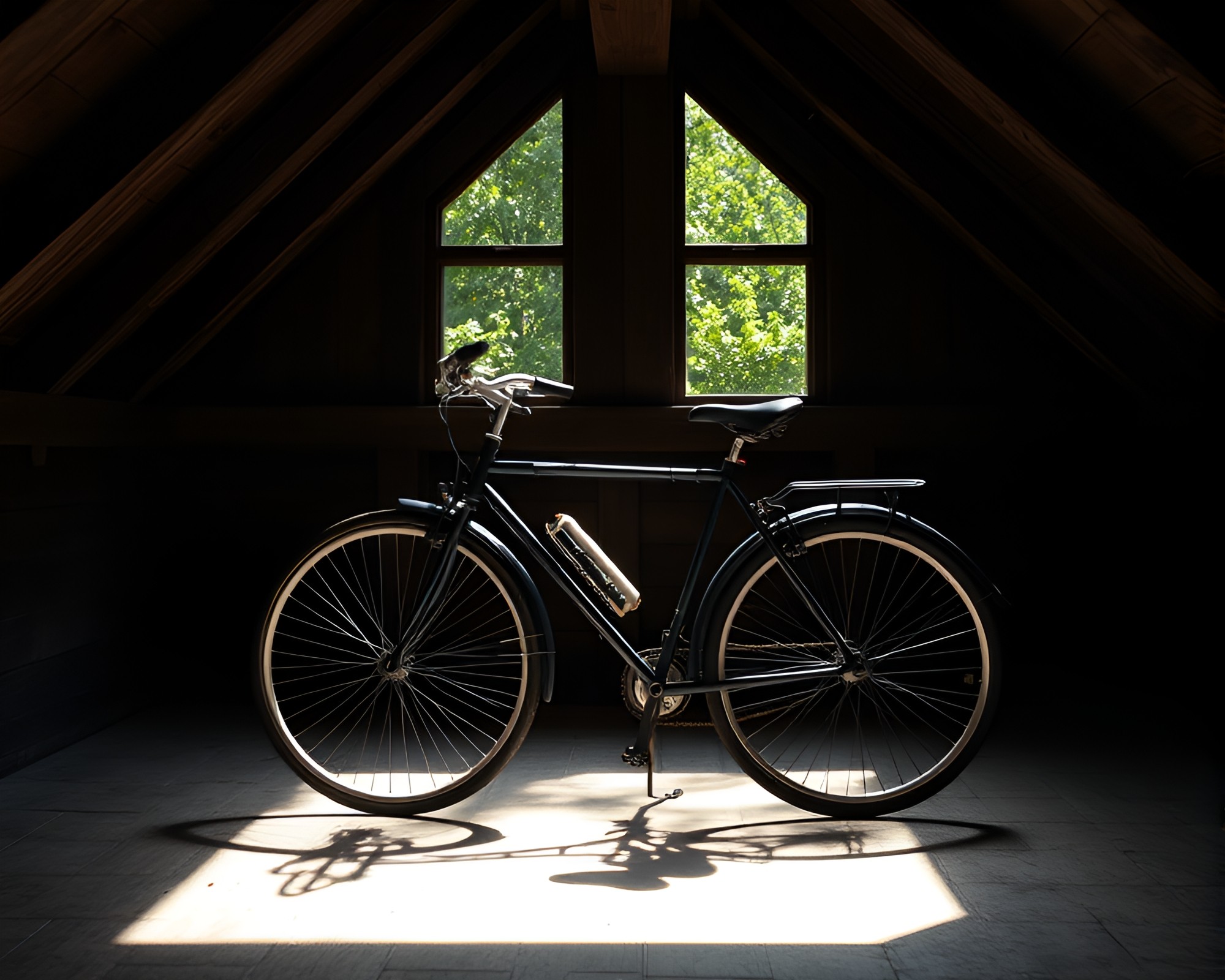 Luminous Bicycle Silhouetted in Attic Shadow Frame – free AI stock image
