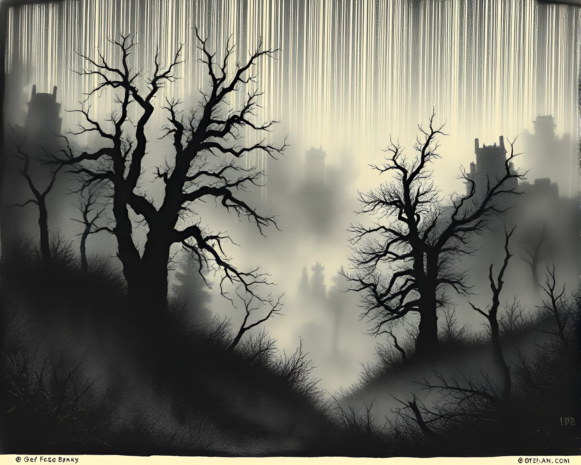 Eldritch Mist: Lovecraftian Horror Woodcut Print – free AI stock image
