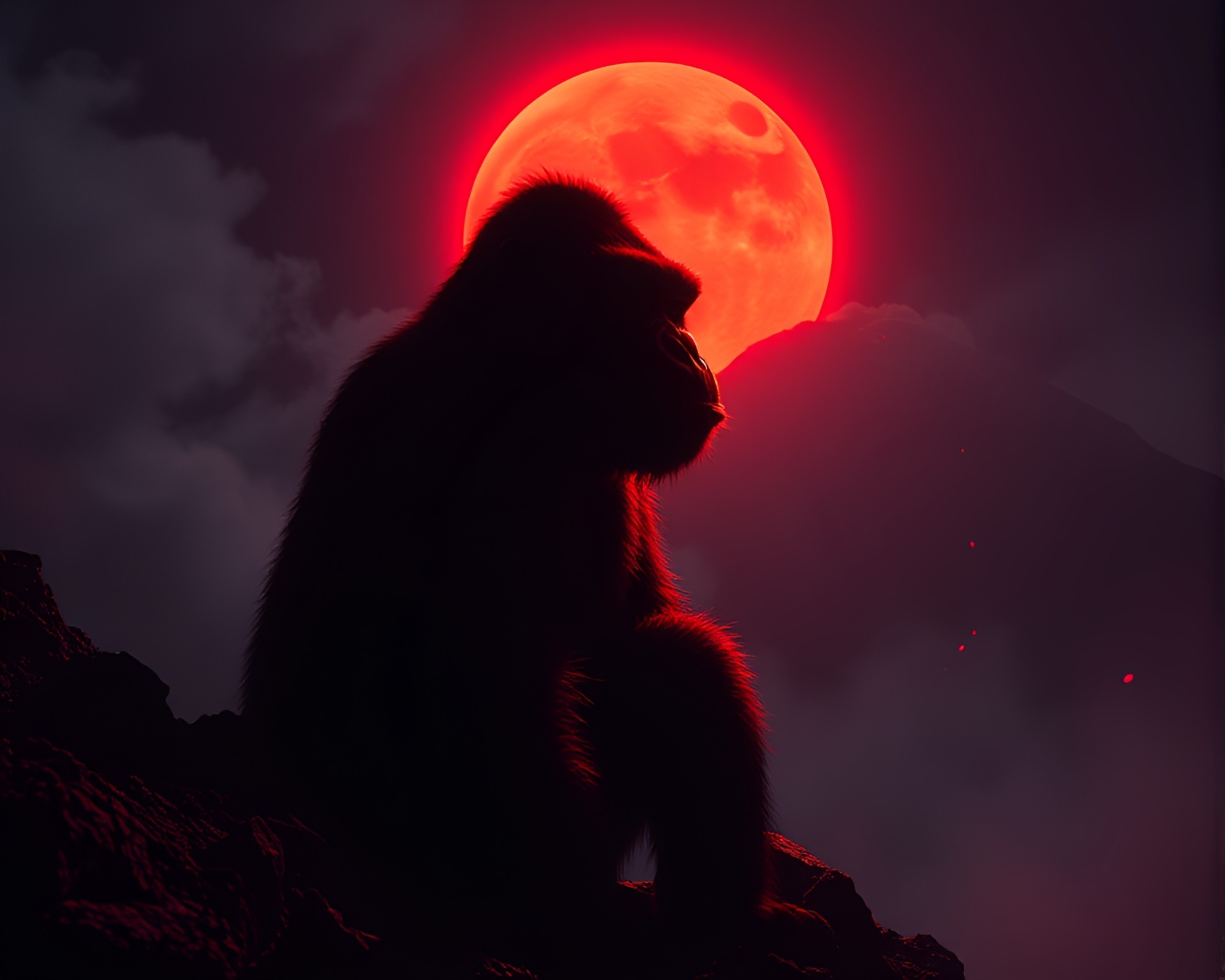 Enigmatic Gorilla Shadow Play in Volcano Glow – free AI stock image