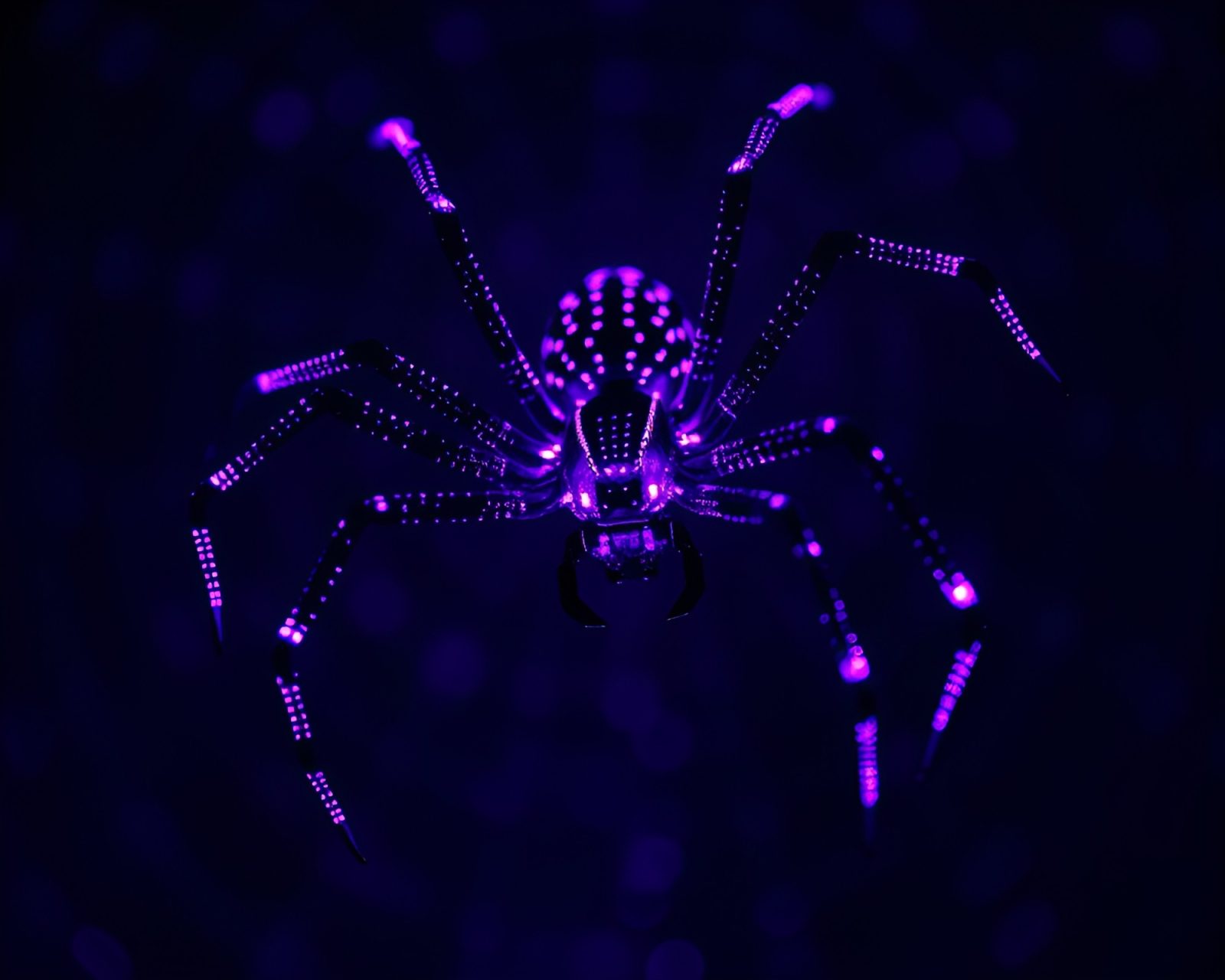 Eerie mechanical spider illuminated in softbox twilight-purple light