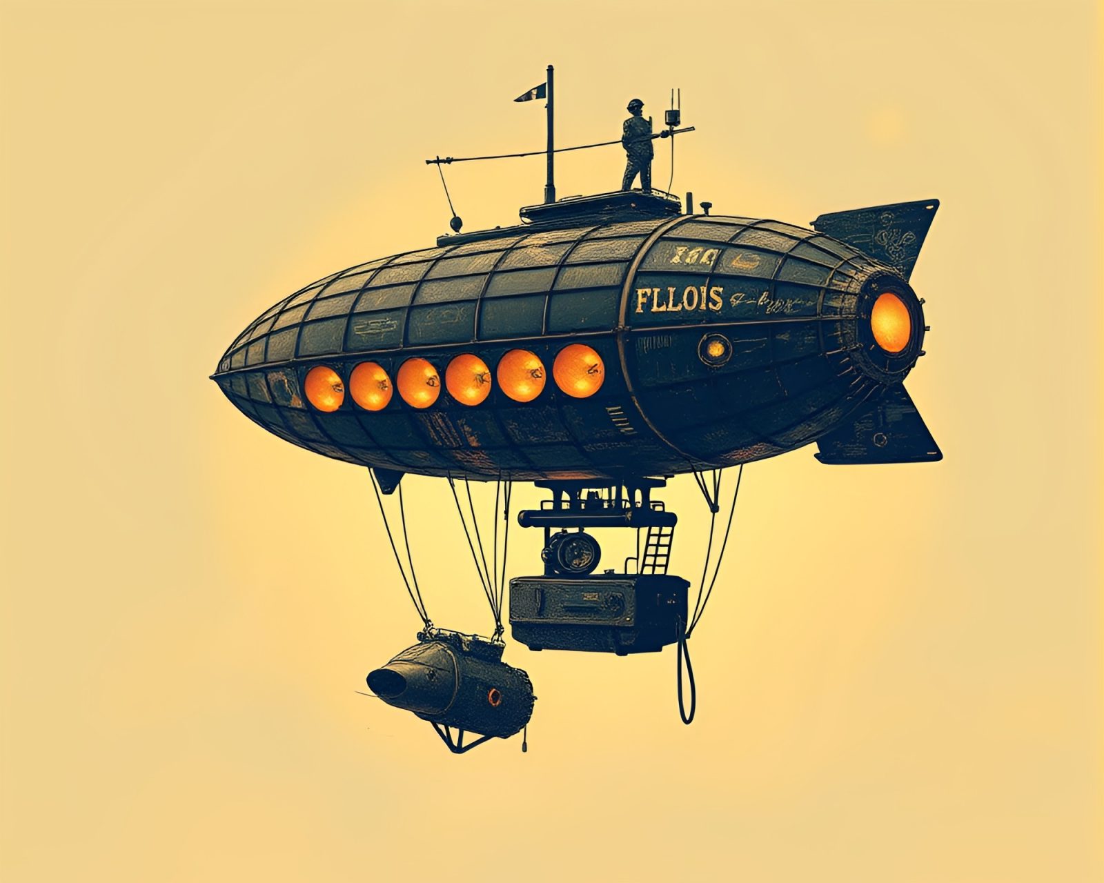 Vintage captain on a steampunk airship in warm halftone light