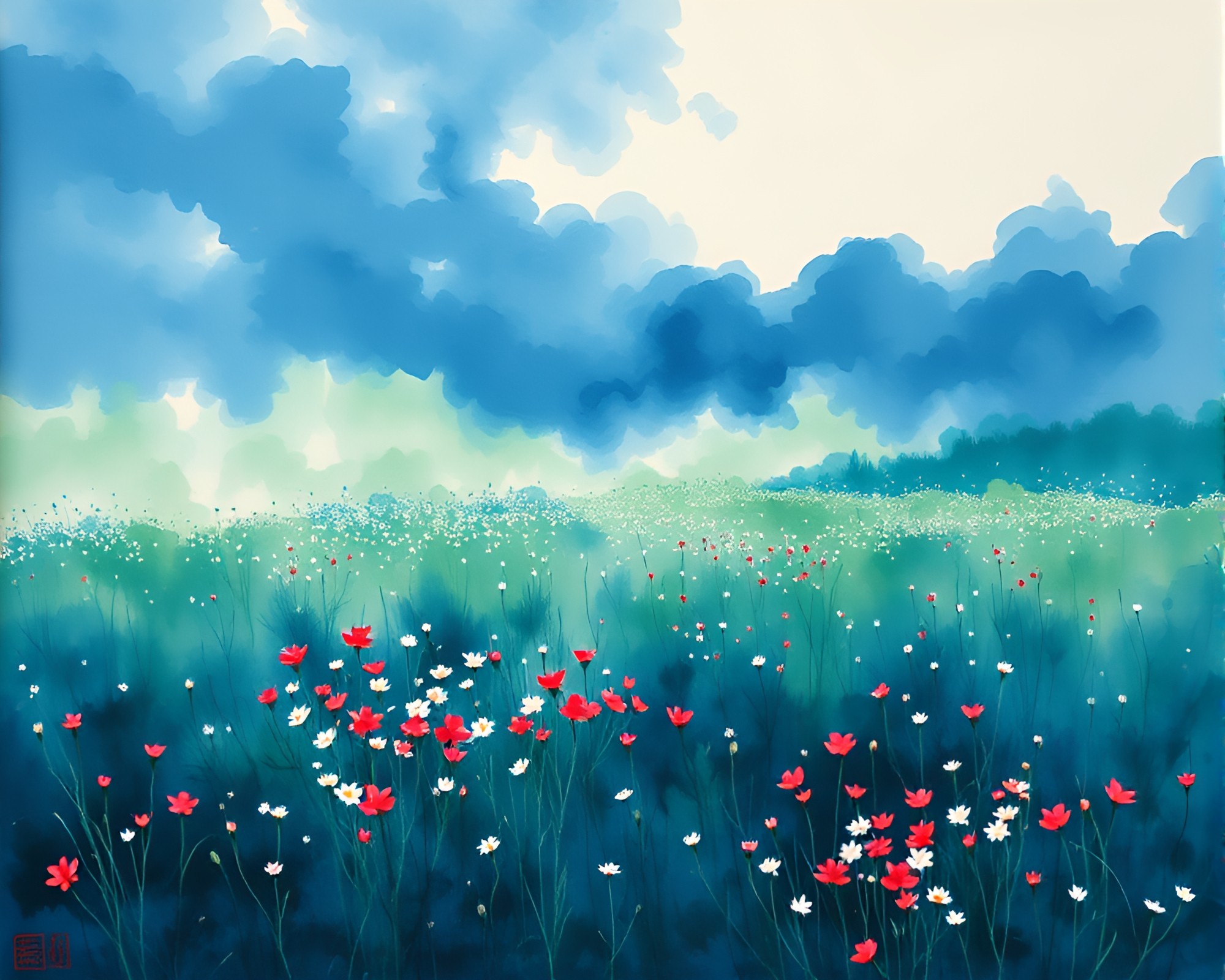 Sapphire Ink Calligraphy in Color Field Painting Wide Shot – free AI stock image