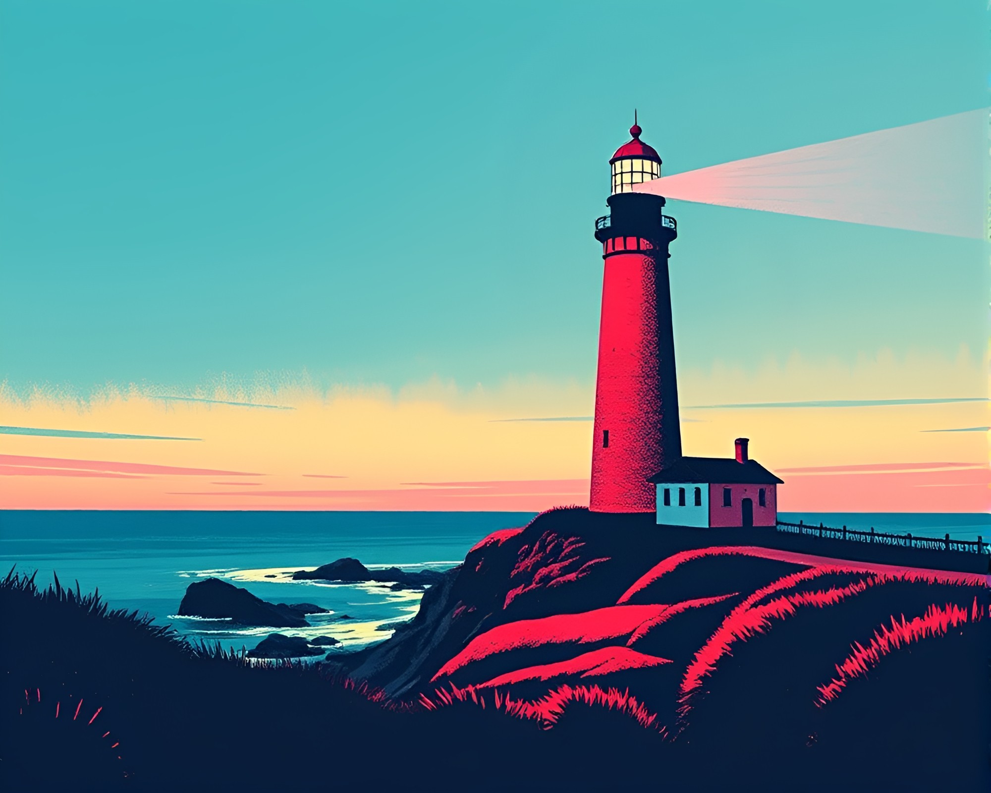Lighthouse in Retro Linocut Print with Dust Overlay – free AI stock image