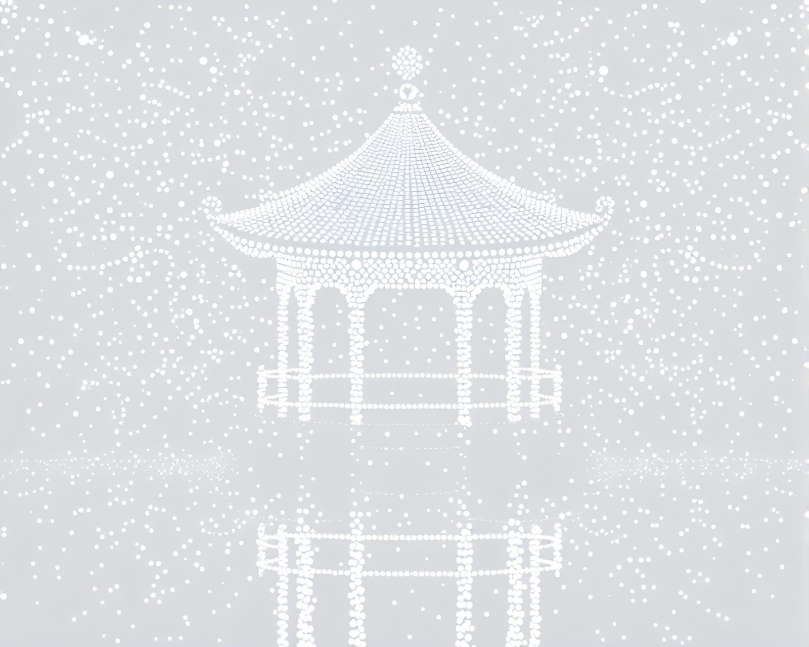 Ethereal scene of a floating pavilion in soft ivory tones adorned with intricate calligraphy dots