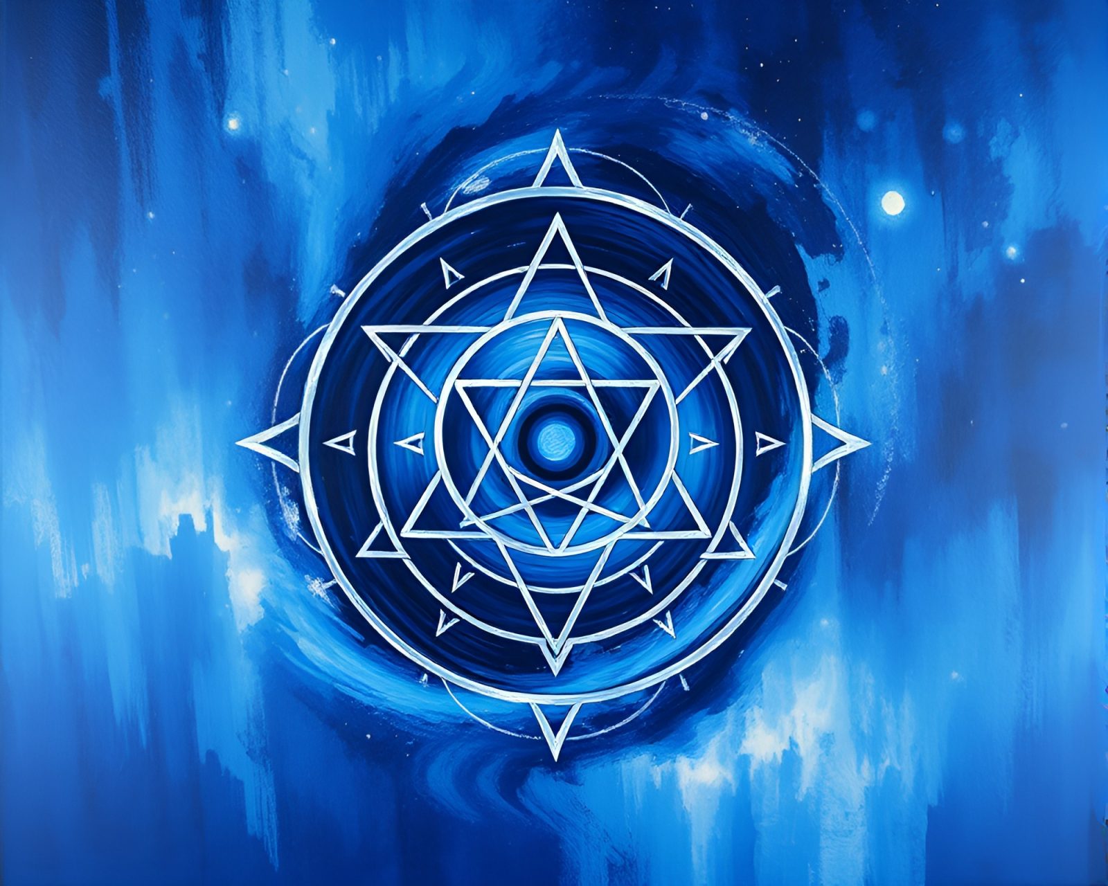 Abstract color field painting with swirling sigil in indigo hues