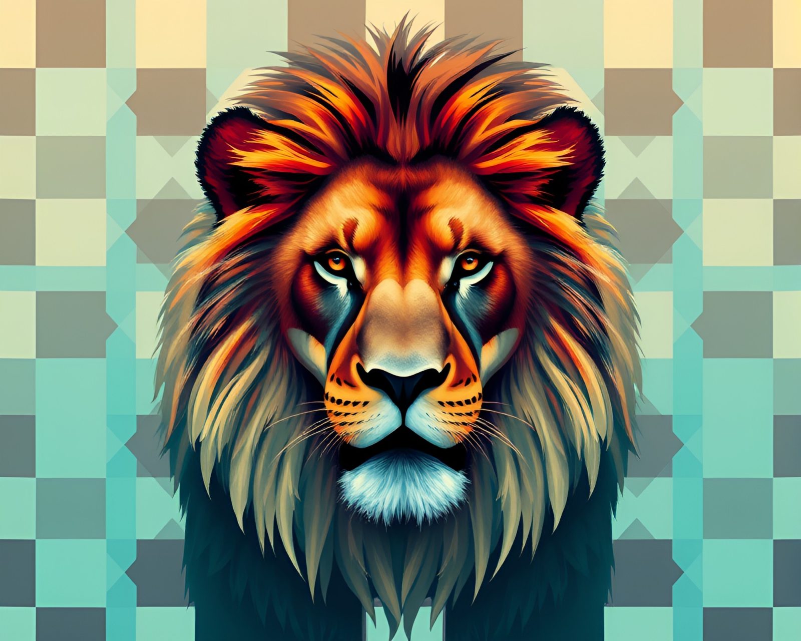Majestic lion surrounded by serene teal checkered foliage.