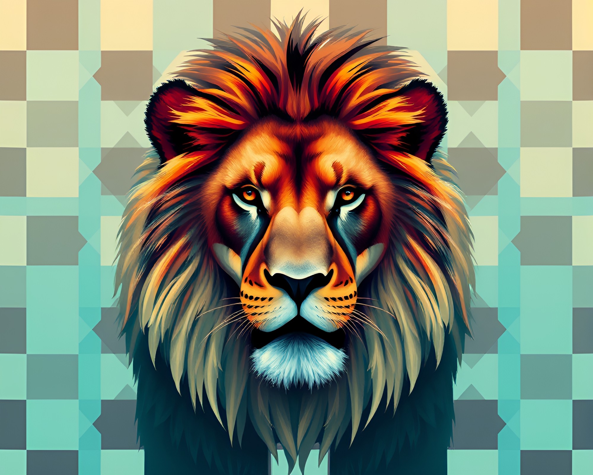 Teal Serenity Lion in Checkered Digital Jungle – free AI stock image