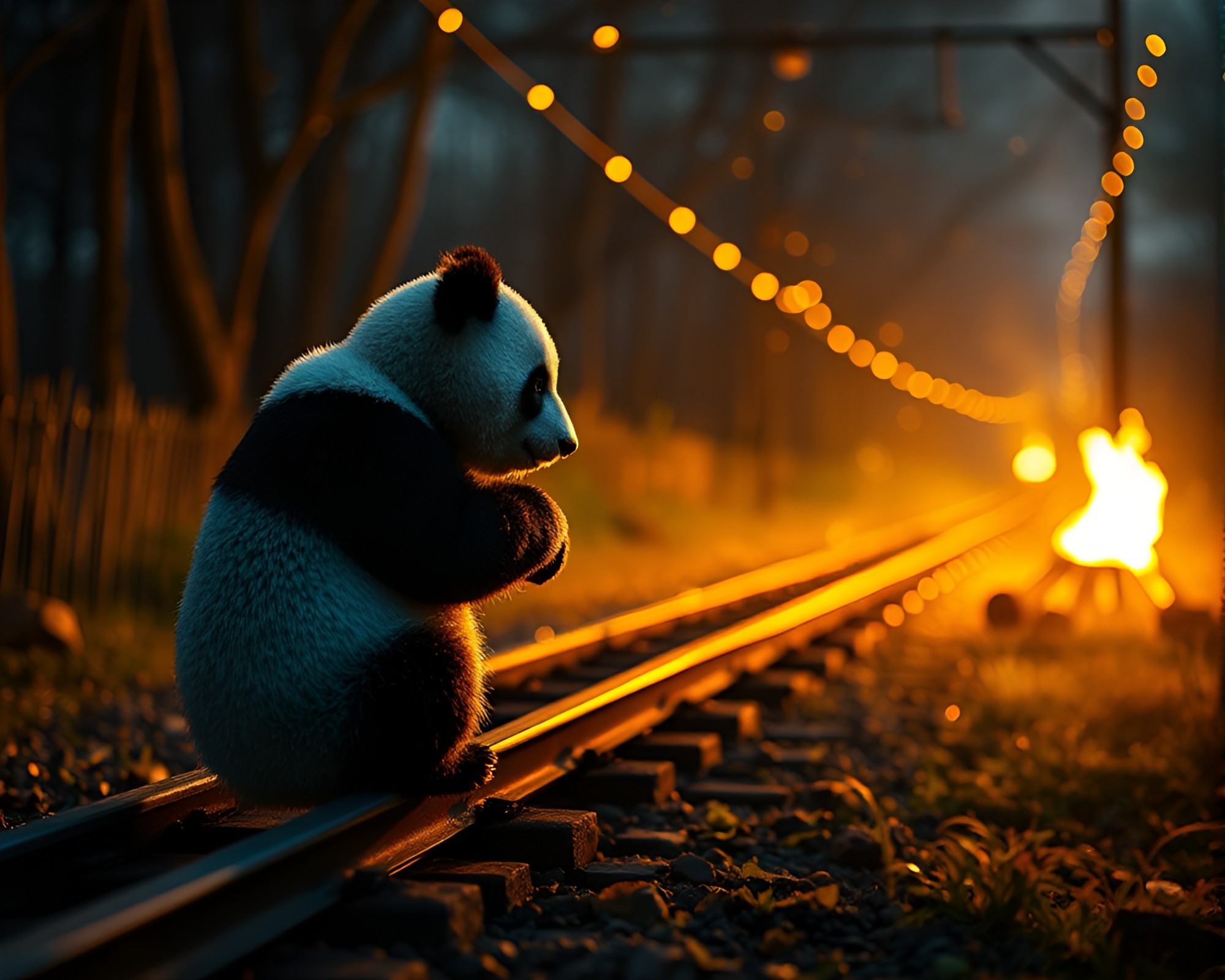 Panda train light trails stop-motion bonfire scene – free AI stock image