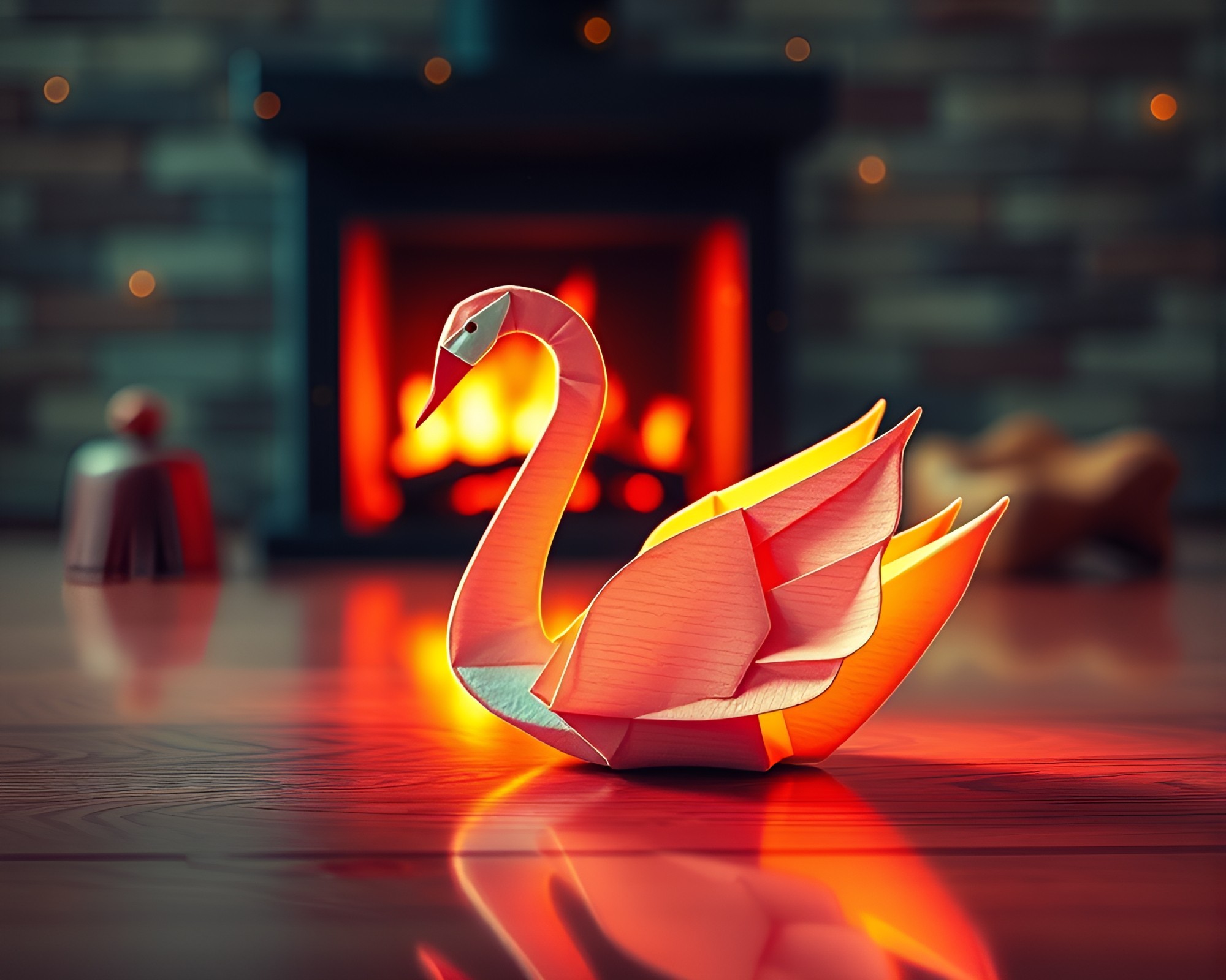 Retrowave Origami Swan by Fireplace – free AI stock image