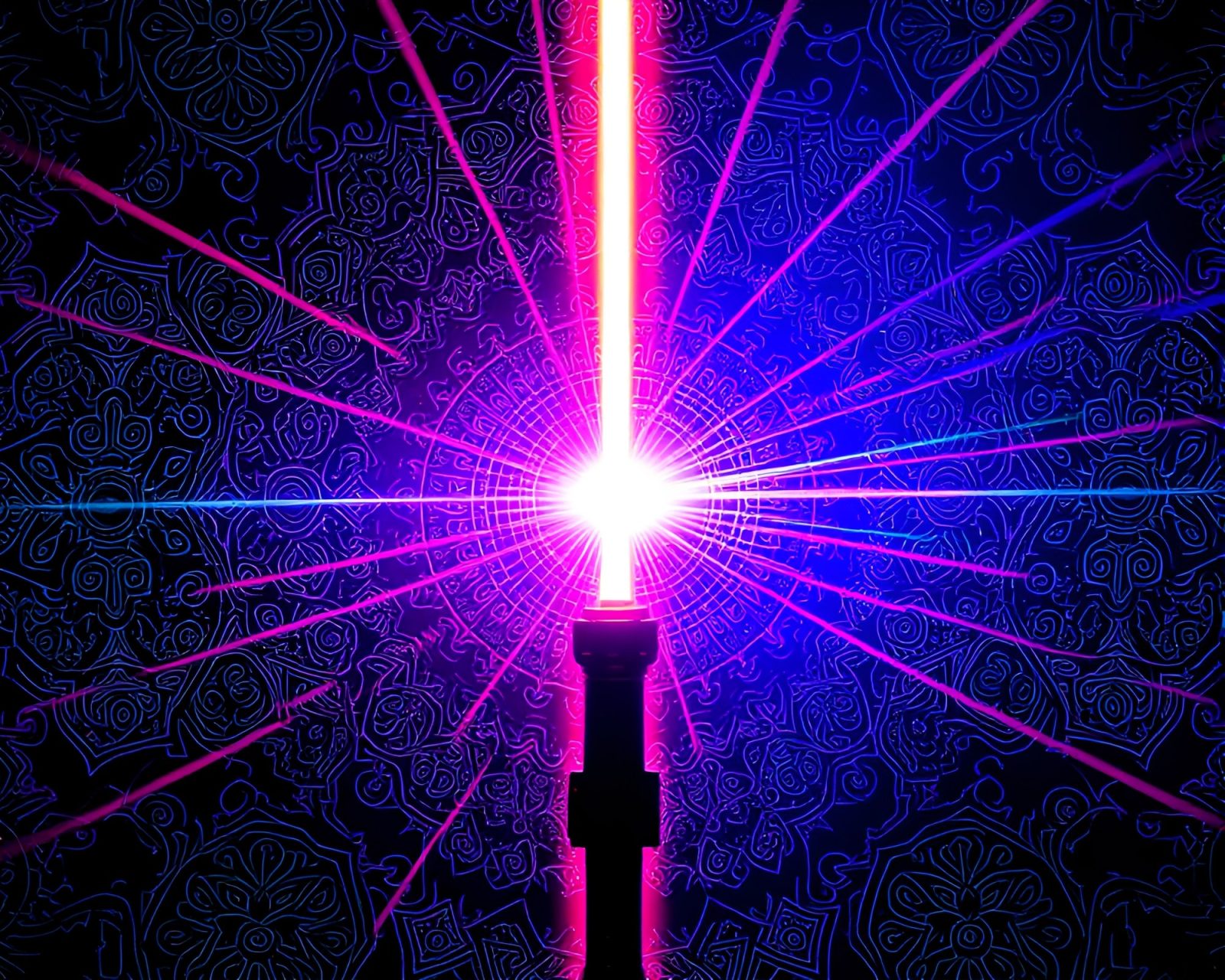 Vibrant neon colors and intricate duotone laser sword art