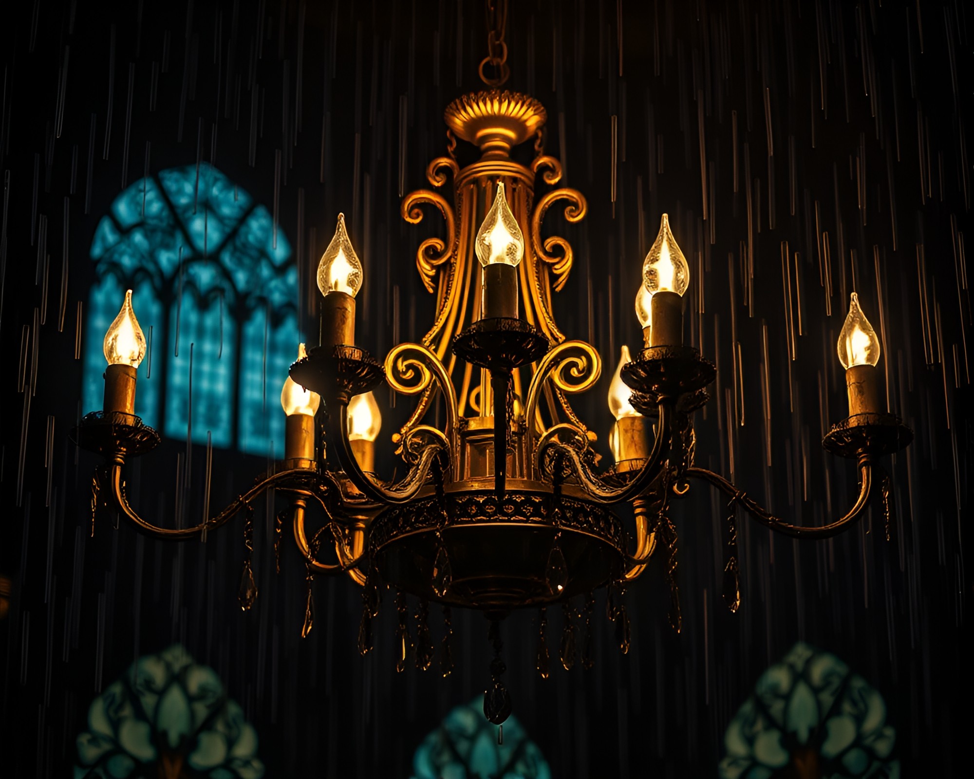 Gothic Chandelier in Synthwave Style with Rust Stain Streaks – free AI stock image