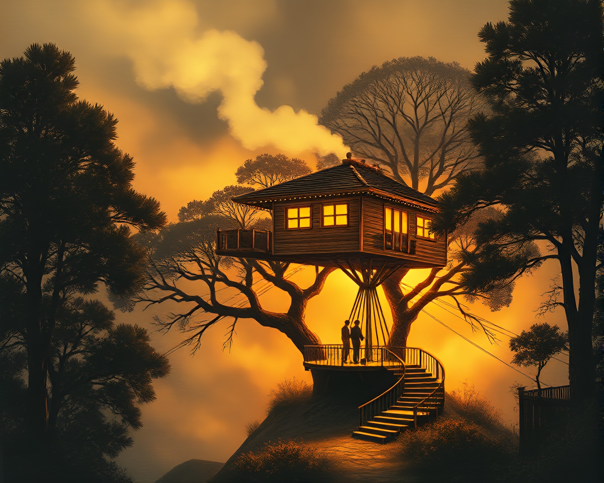 Enchanting Treehouse Steam Vapor Landscape Etching – free AI stock image