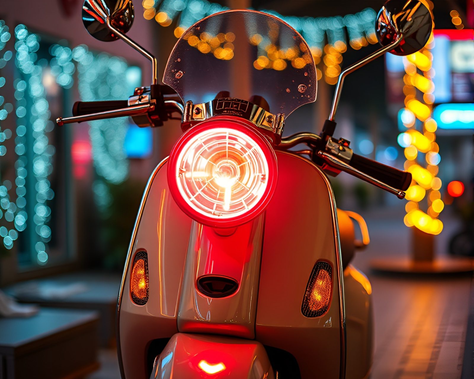 Sleek electric scooter with silver leaf accents glowing under lantern light