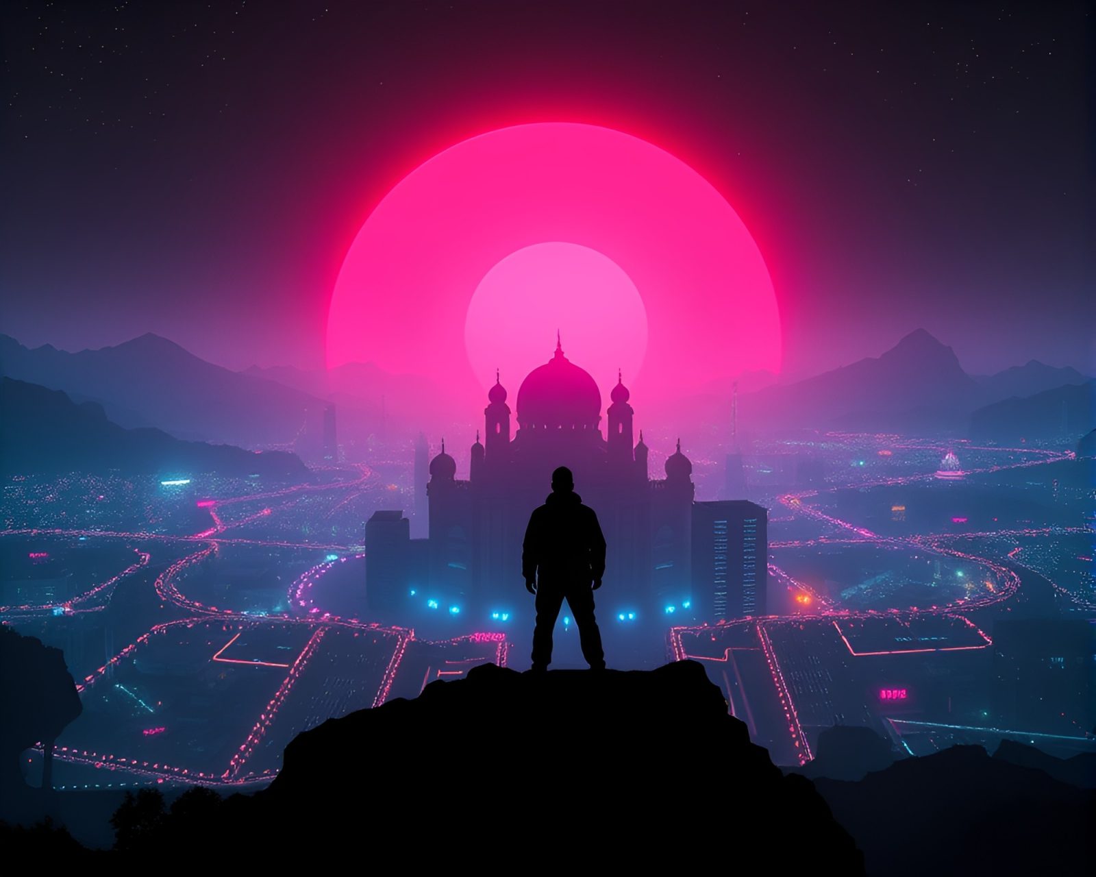 Futuristic scene with illuminated silhouettes against a glowing backdrop