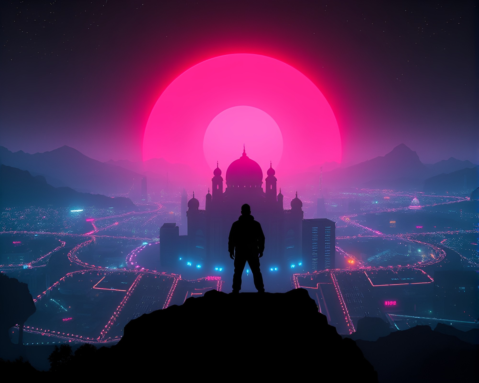 Neon Mind Palace: Backlit Synthwave Silhouettes Panorama – free AI stock image
