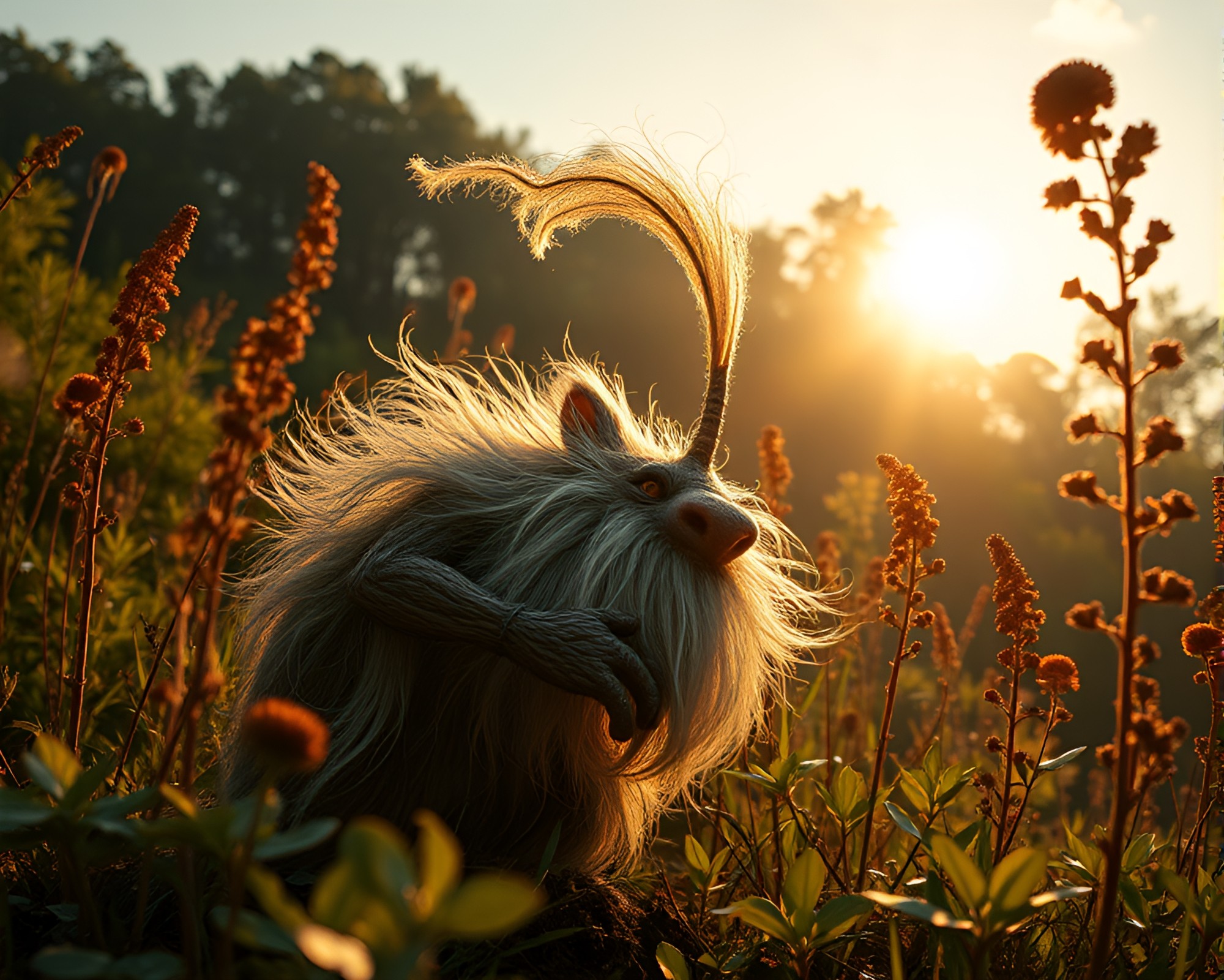Troll under morning light amidst botanical wonderland – free AI stock image