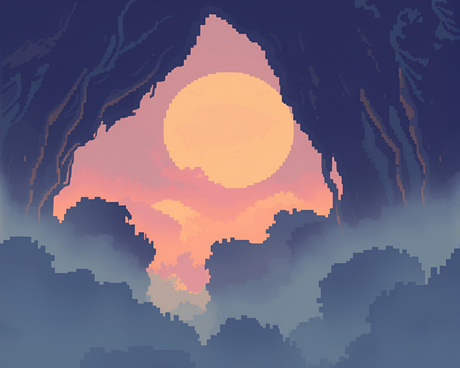 Pixel art of a mystical cave with fog banks