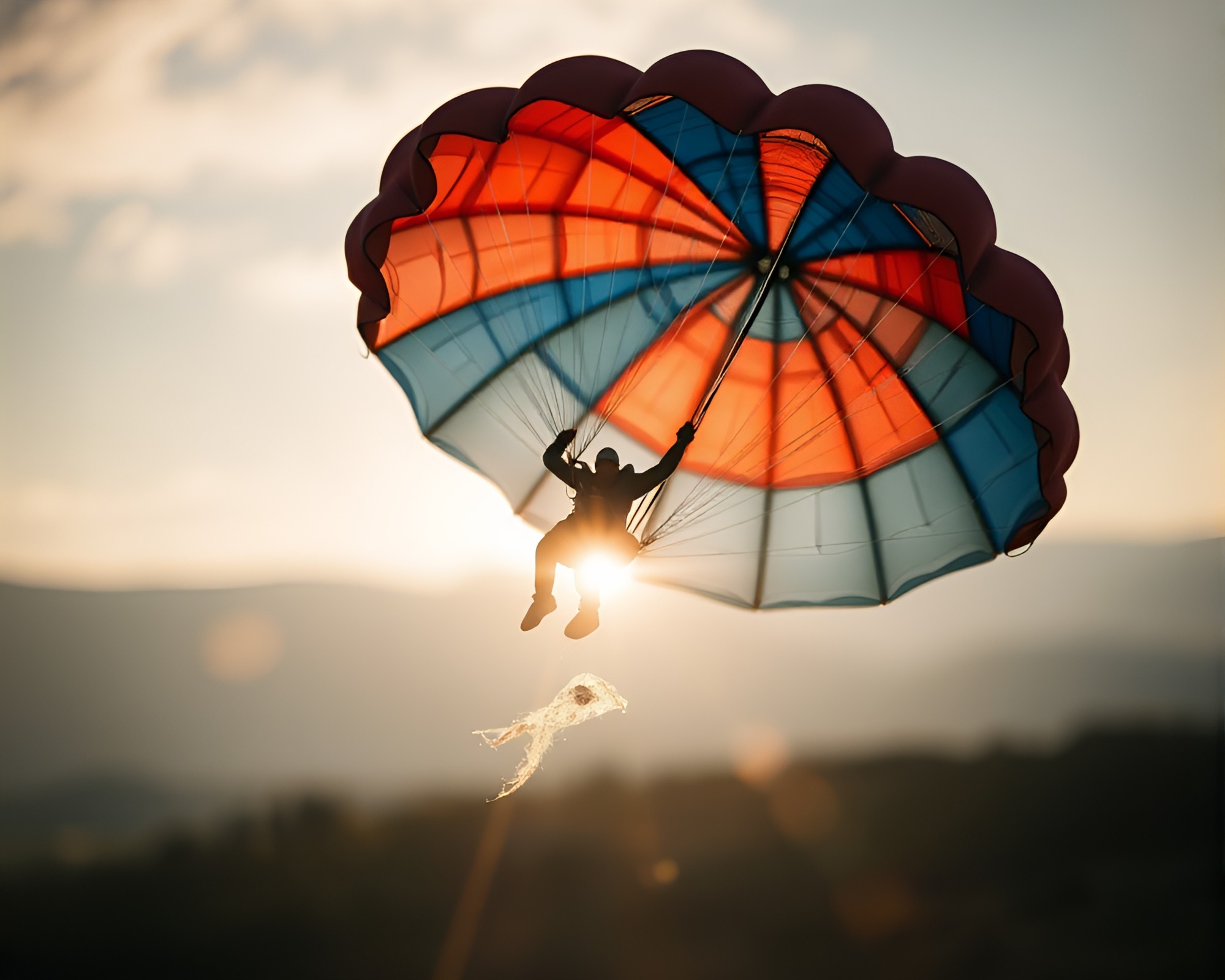 Parachute Jumper Amid Cobweb Strands with Lens Flare Bursts – free AI stock image