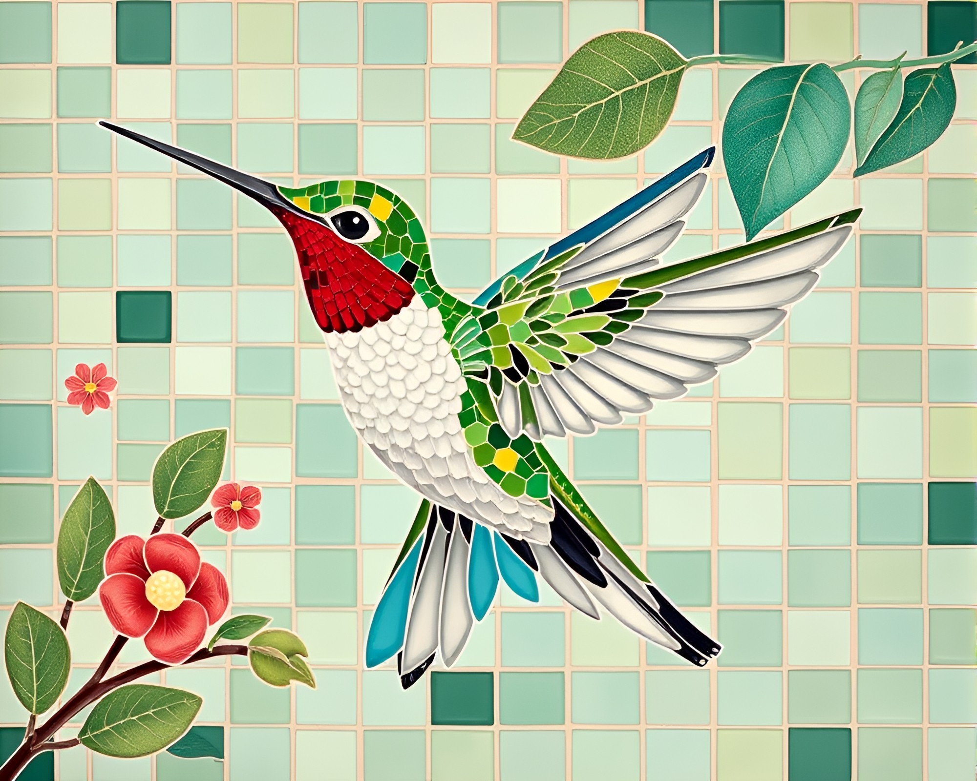Mint Green Hummingbird Mosaic Mural – free AI stock image