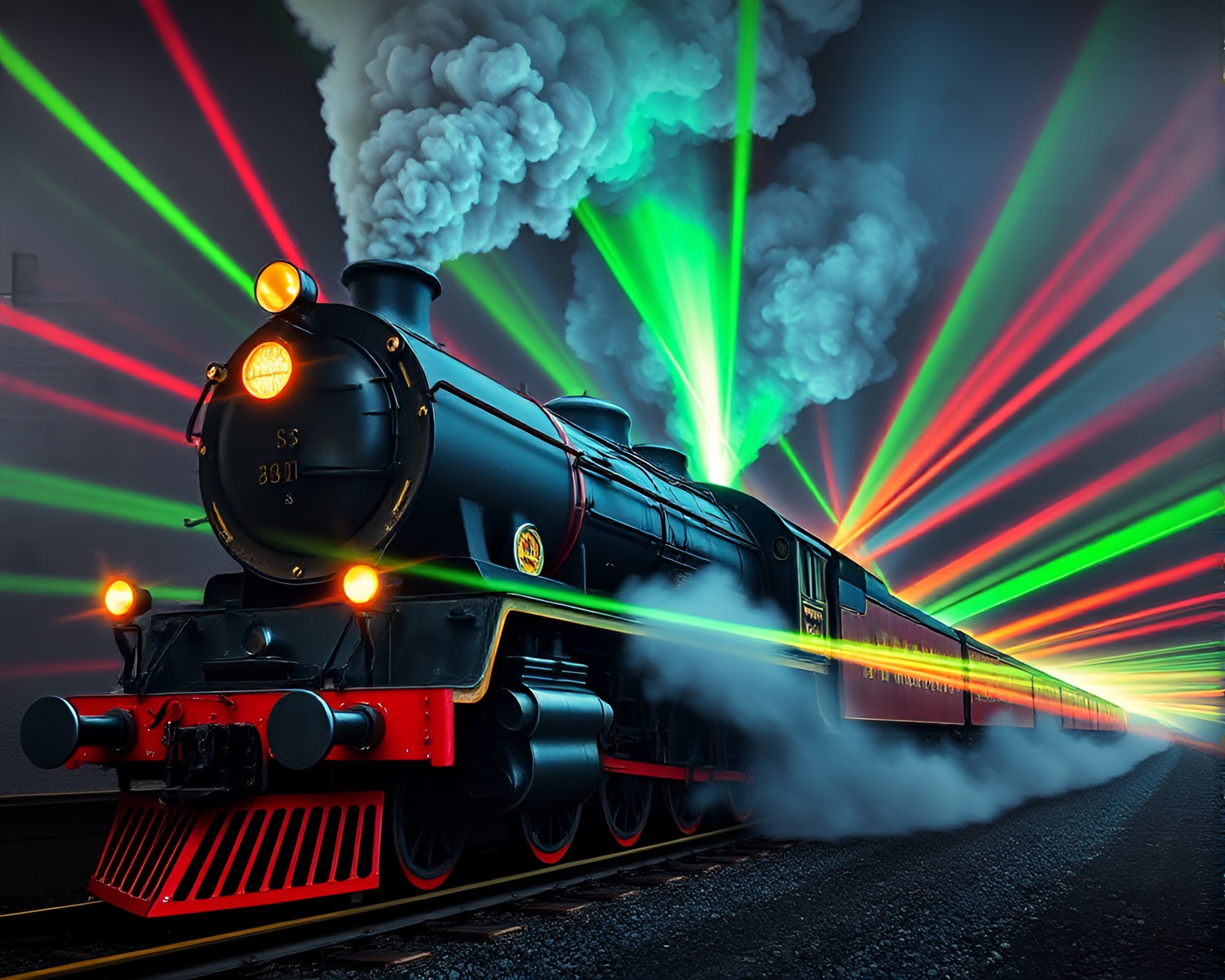 Steam locomotive amidst dazzling laser beams mural – free AI stock image