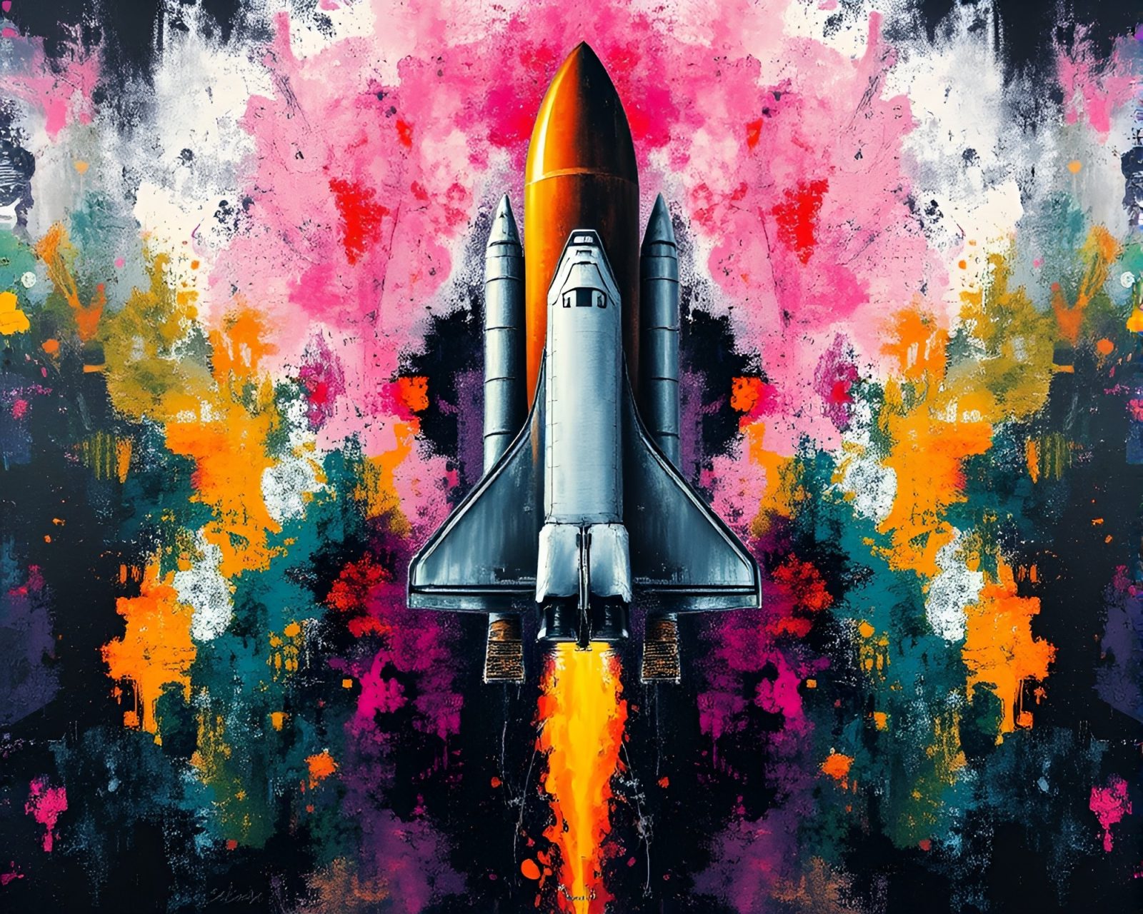Abstract space shuttle artwork with vibrant kaleidoscope colors