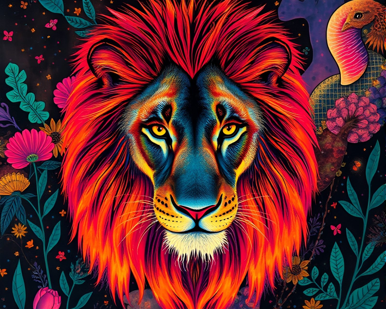 Abstract fluorescent collage of lion in unique perspective