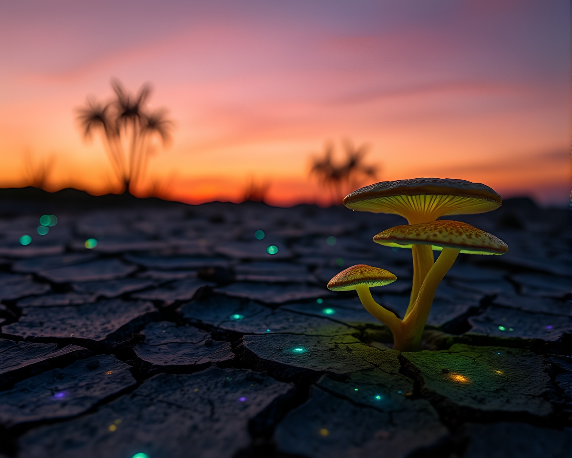 Bioluminescent Fungi on Cracked Twilight Earth – free AI stock image