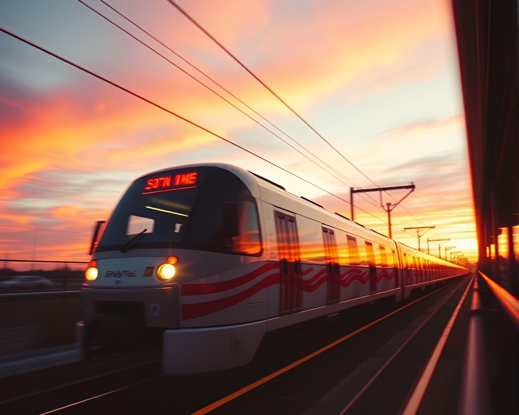 Sunset Monorail Motion Capture Art – free AI stock image