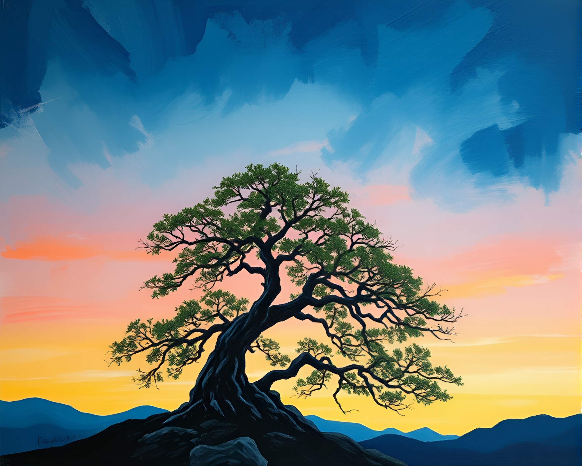 Twilight Reflections: Bonsai Tree Palette Knife Painting – free AI stock image
