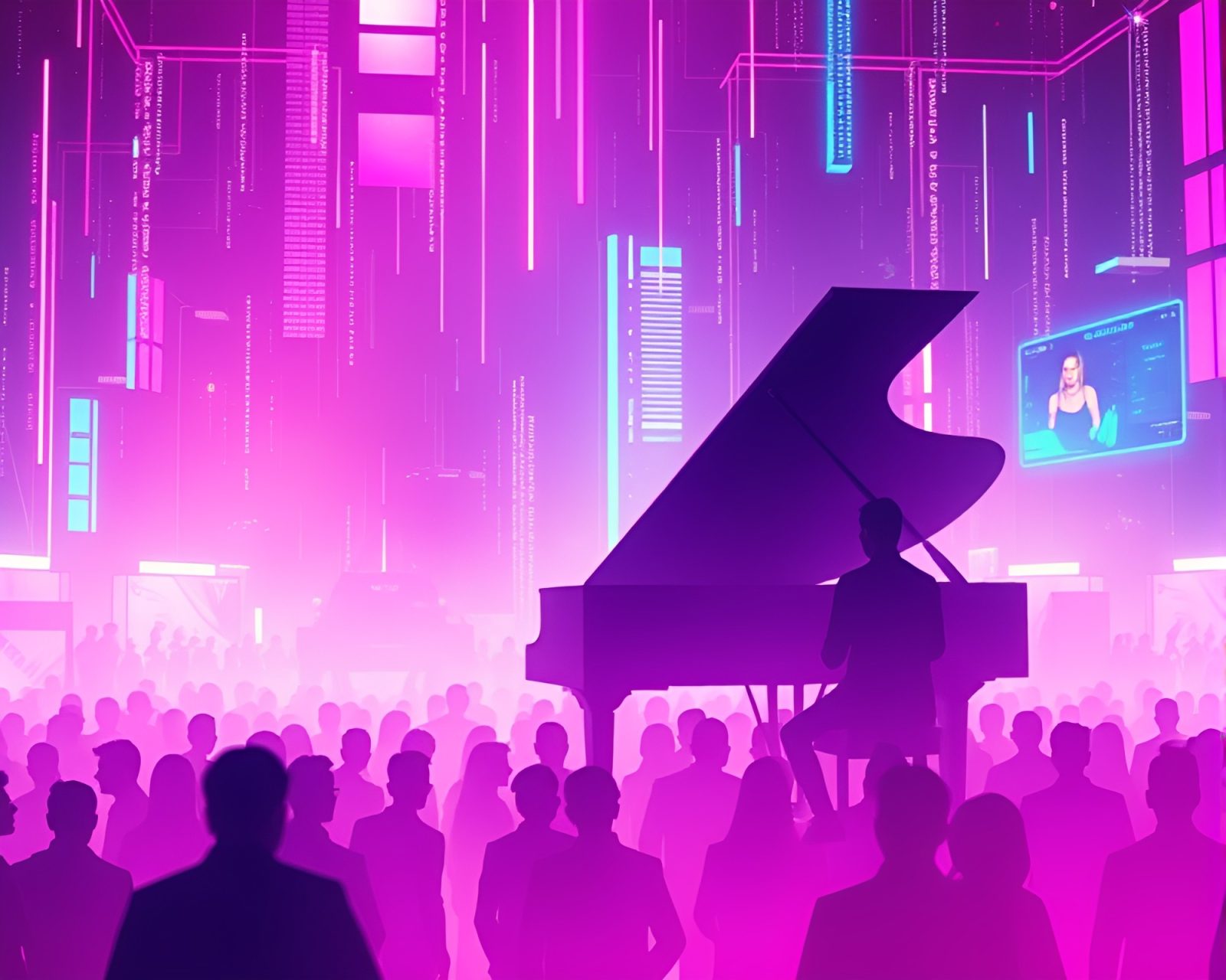 Silhouettes in neon glow around futuristic piano concert stage