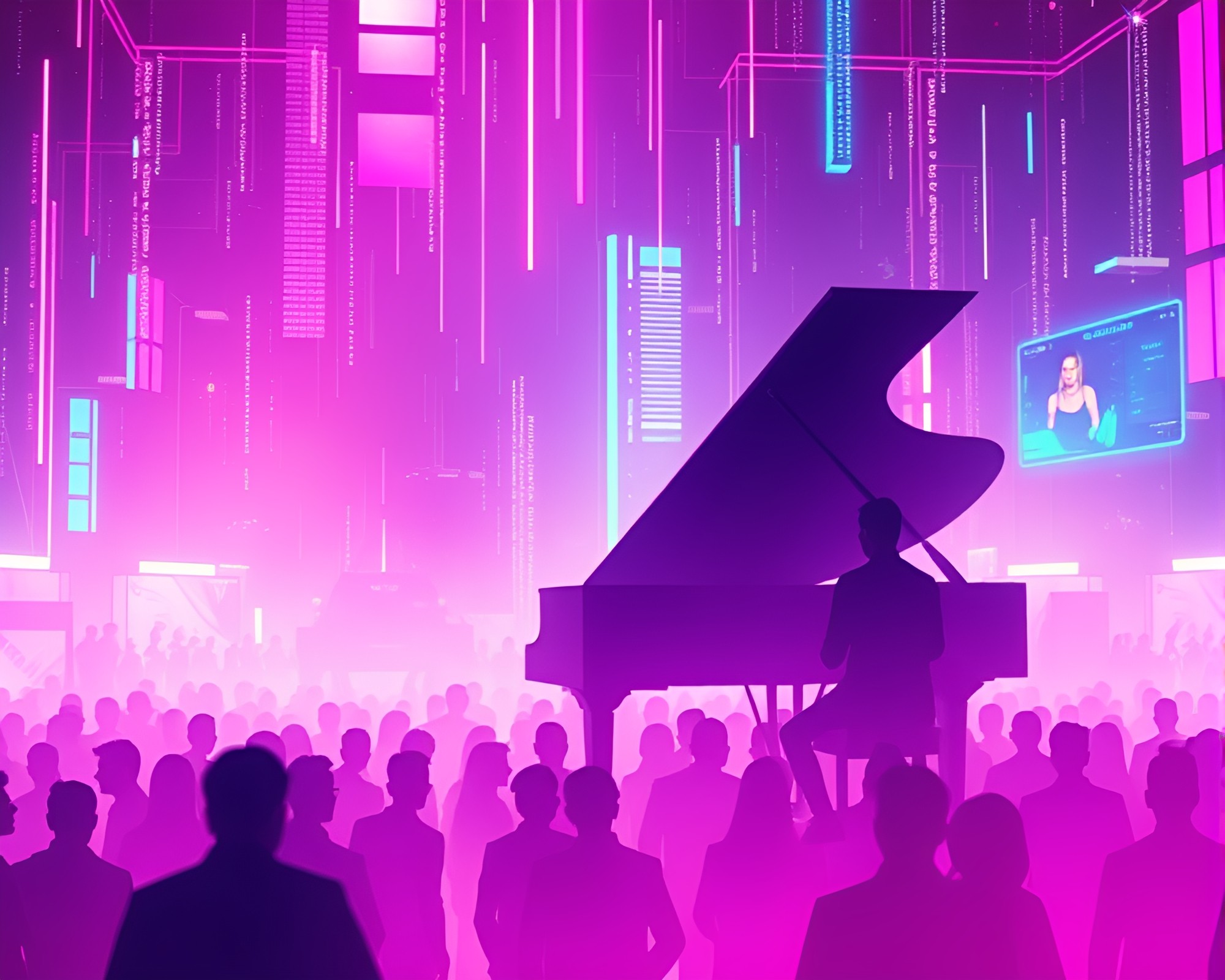 Glowing Crowd Silhouette at Futuristic Piano Concert – free AI stock image