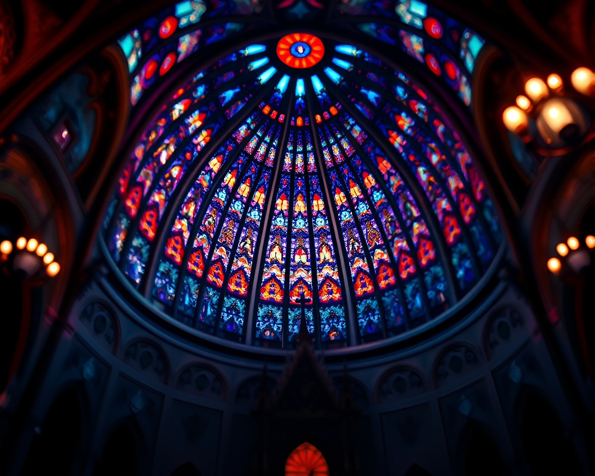 Fractal Stained Glass Dome in Candlelight – free AI stock image