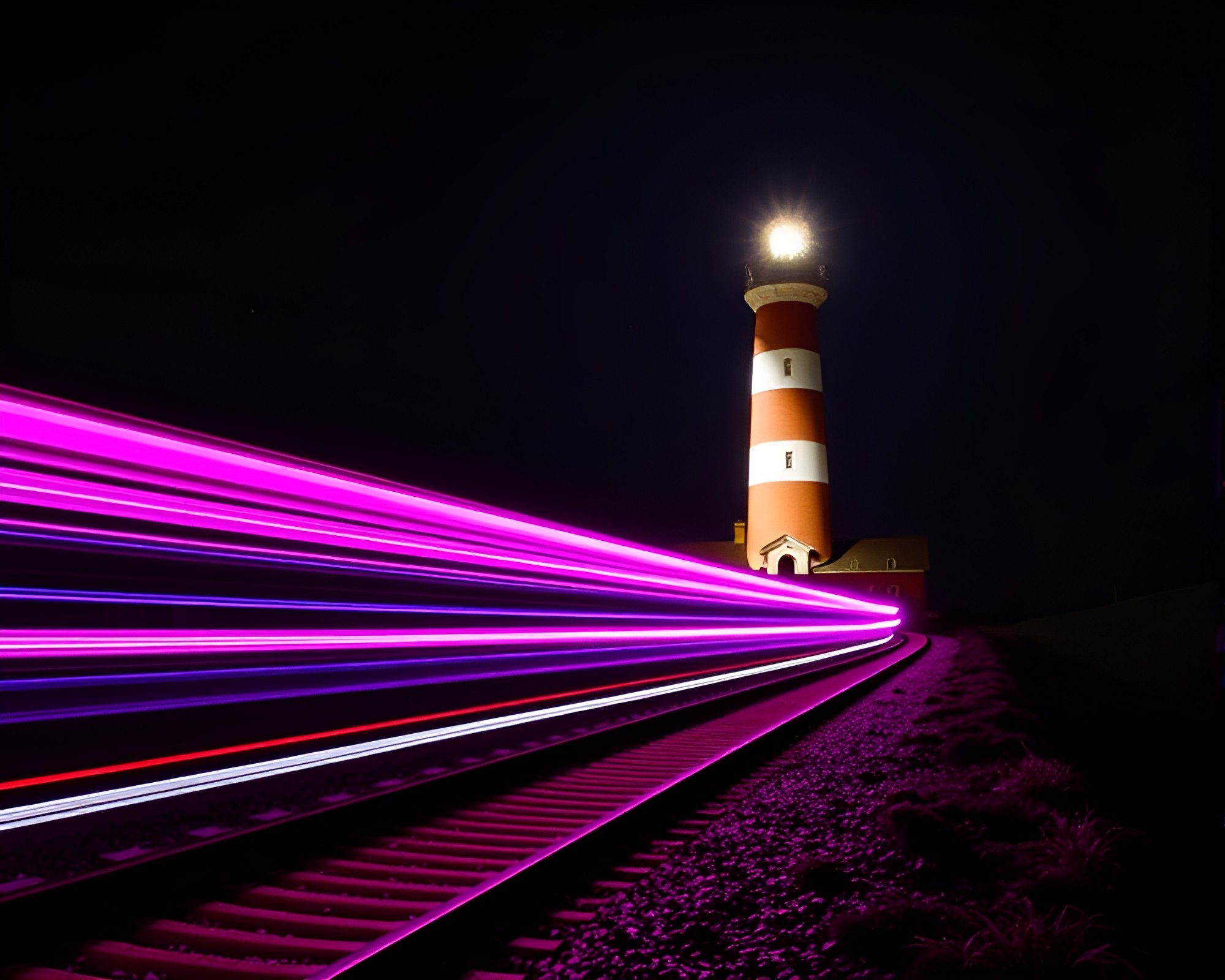 Magenta Light Trails: Lighthouse Illuminated Screen Print – free AI stock image