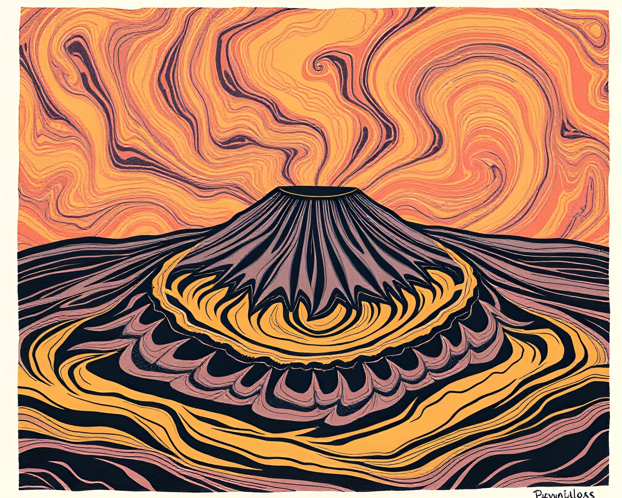 Volcanic Crater Woodcut Print with Sand Swirl Pattern – free AI stock image