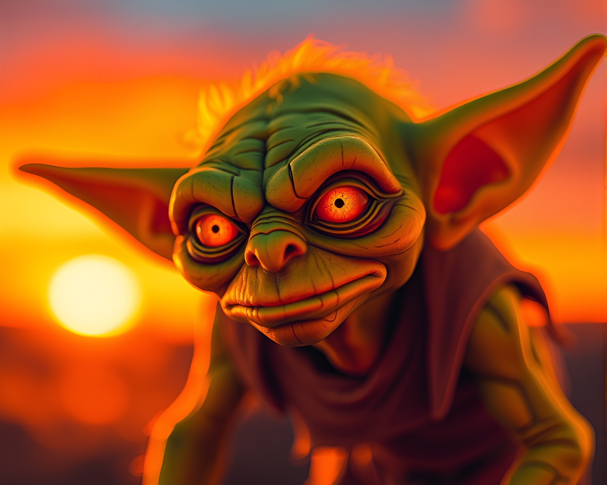 Goblin silhouetted against mystical sunset gradient – free AI stock image