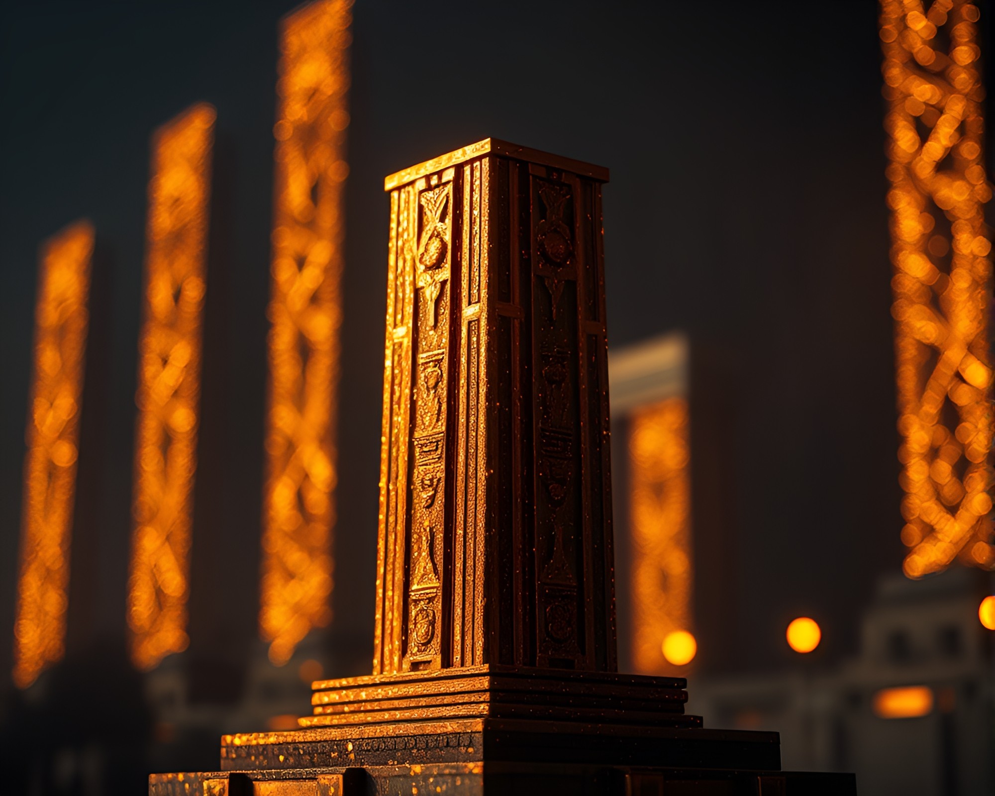 Monolithic Structure with Gilded Highlights in Misty Bokeh – free AI stock image