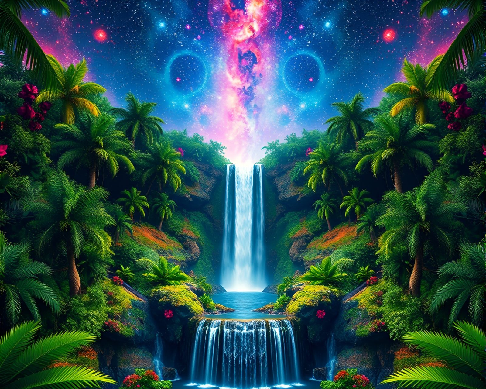 Vibrant tropical waterfall with cosmic hues, hyper-realistic artwork