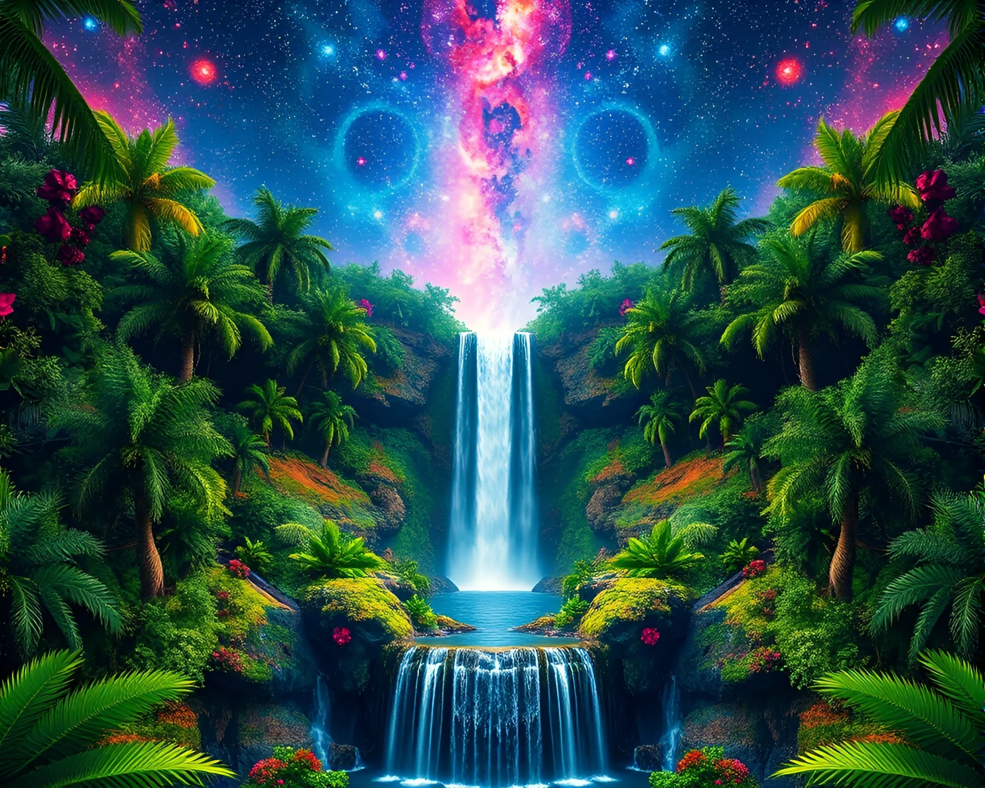 Tropical Waterfall Radiates Galaxy Colors in Hyper-Realism