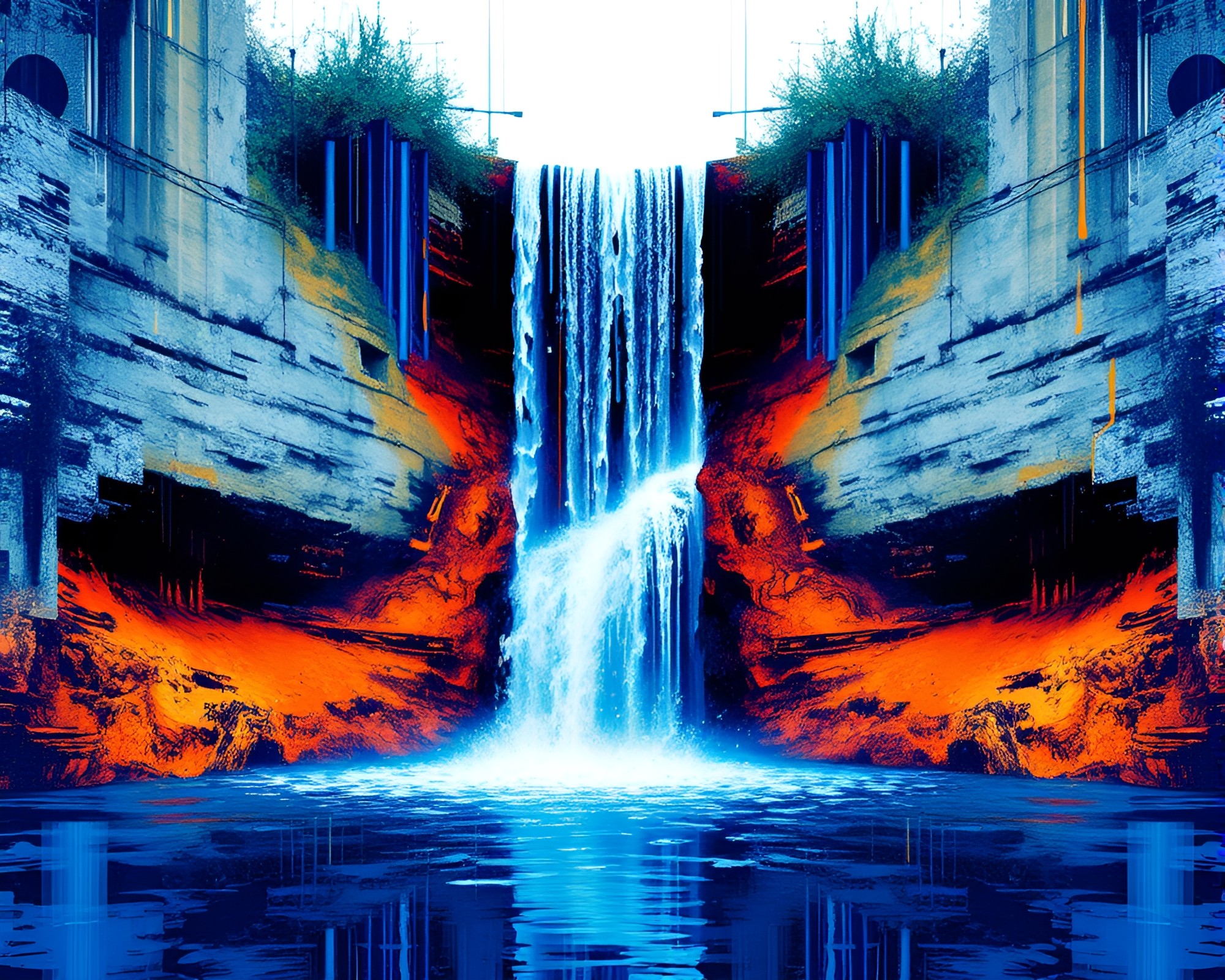 Glitch Art Waterfall Cascading into Cobalt Blue Abyss – free AI stock image