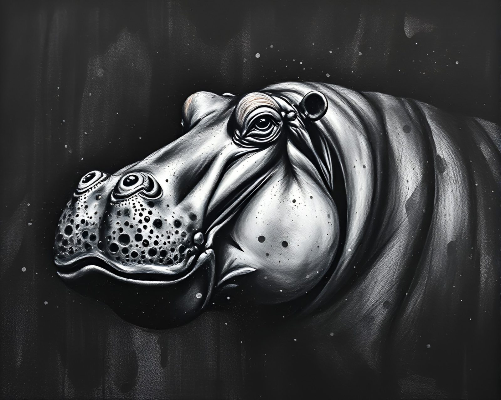 Colorful pointillism artwork of a hippopotamus with acrylic splatters