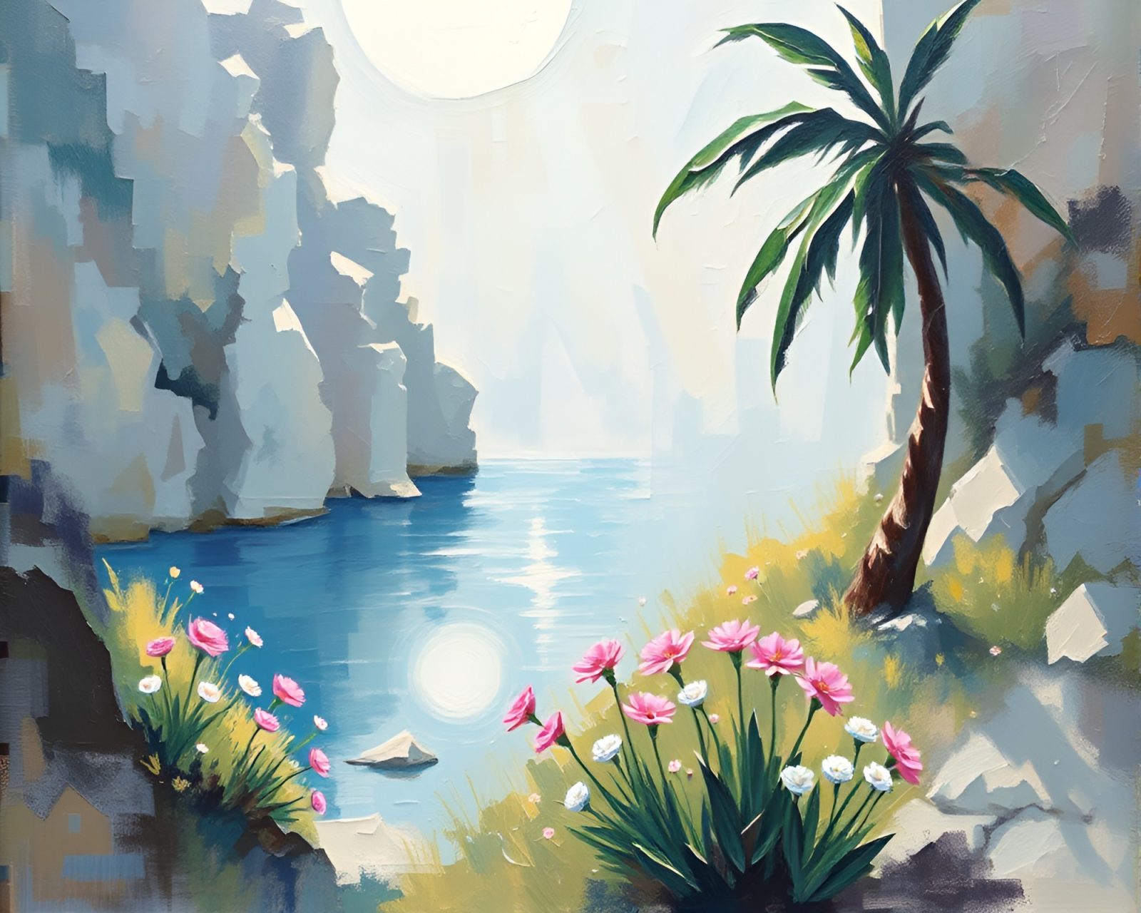 Abstract painting of an ivory oasis with prism refractions